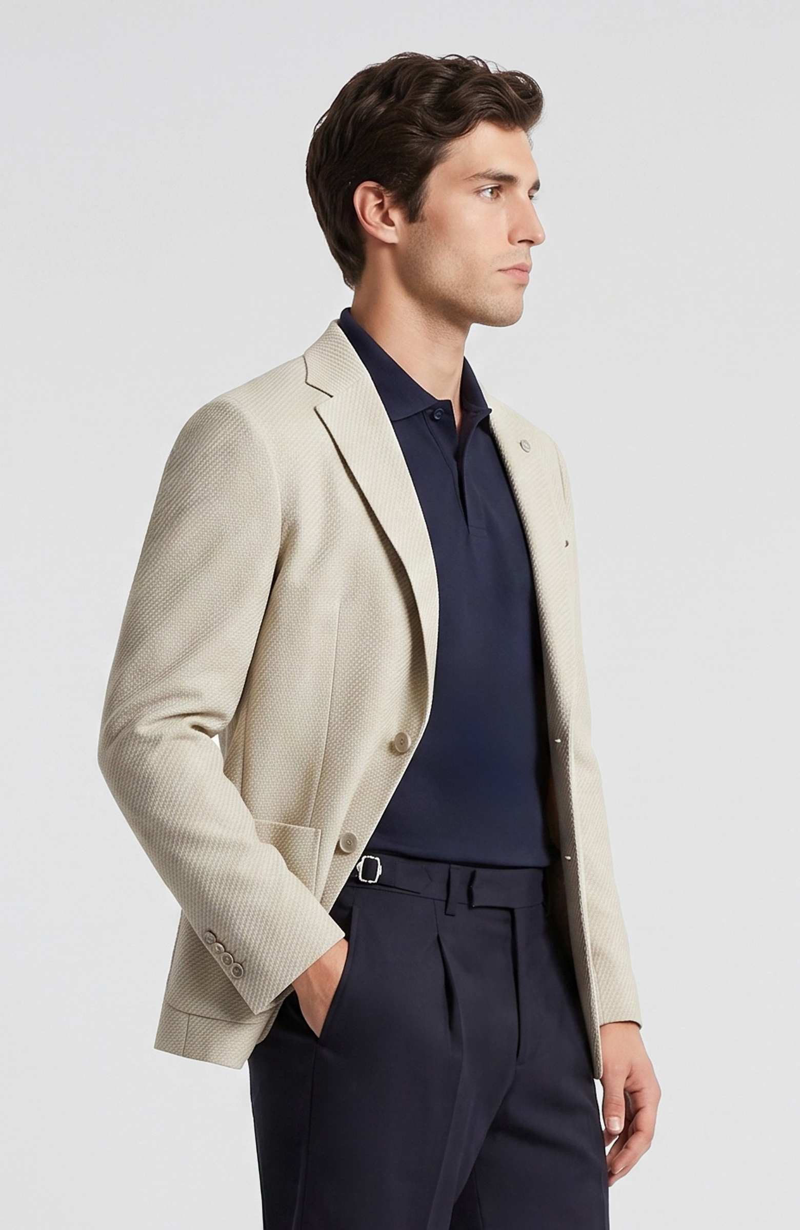 Beige Mono Collar Diagonal Knitted Jacket