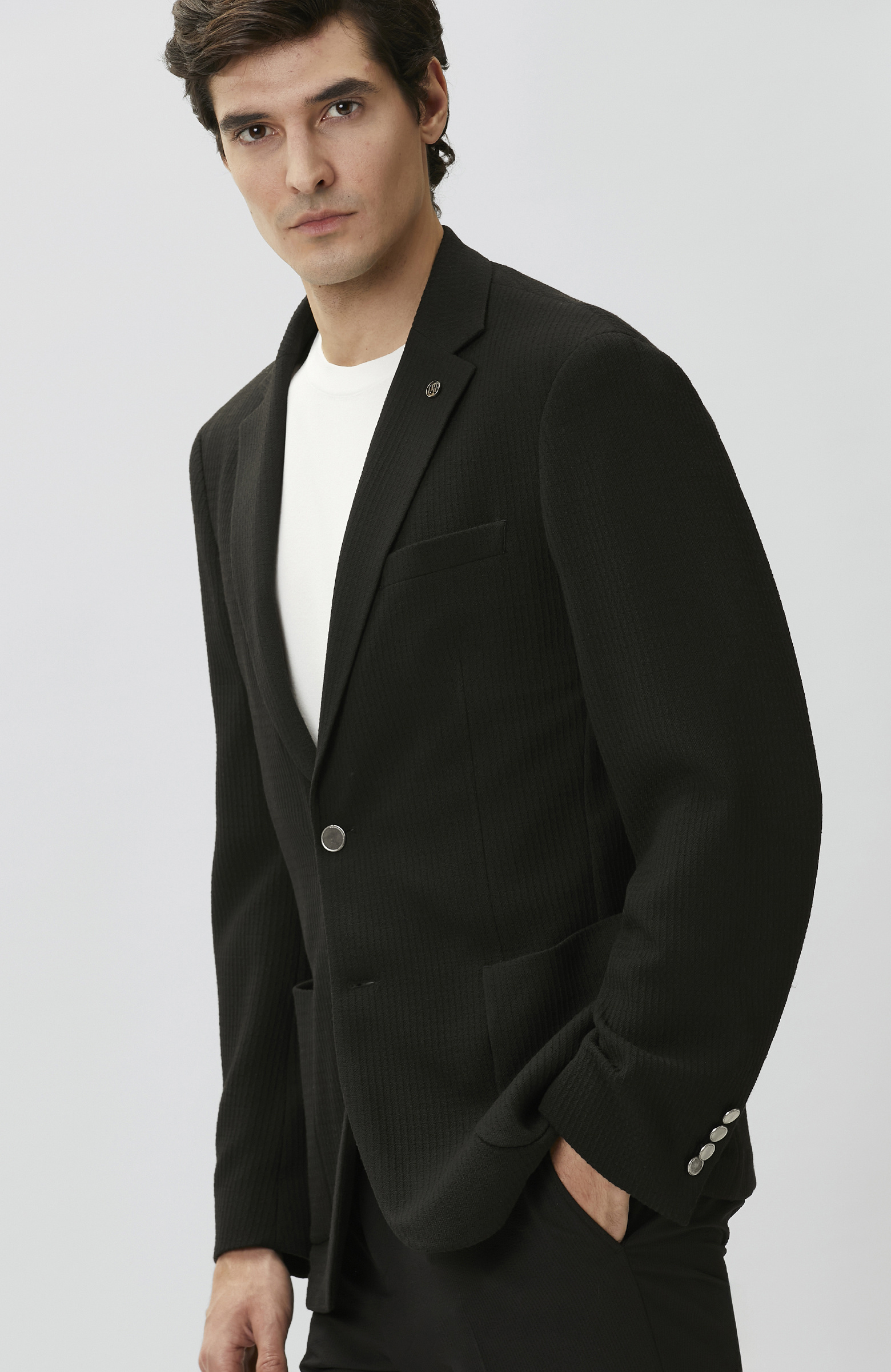 Slim Fit Siyah Mono Yaka Gofreli Örme Ceket