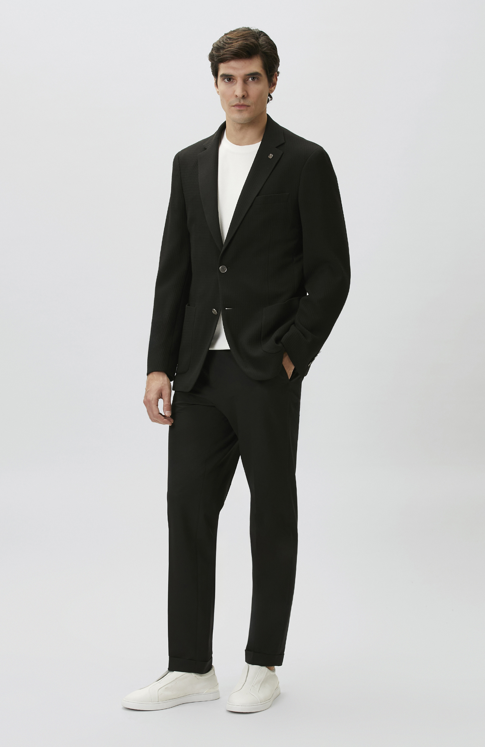 Slim Fit Siyah Mono Yaka Gofreli Örme Ceket