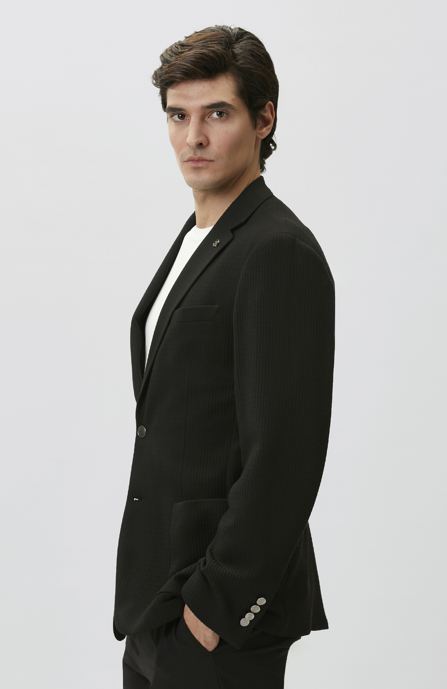 Slim Fit Siyah Mono Yaka Gofreli Örme Ceket