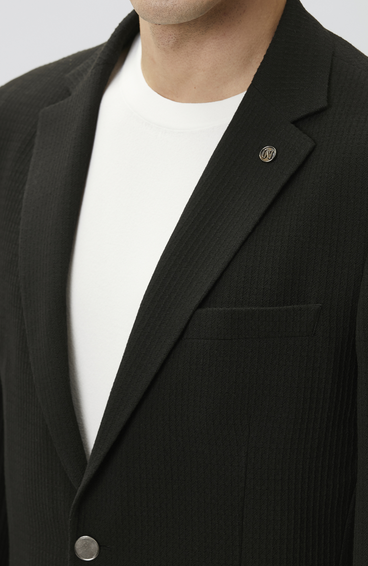 Slim Fit Siyah Mono Yaka Gofreli Örme Ceket