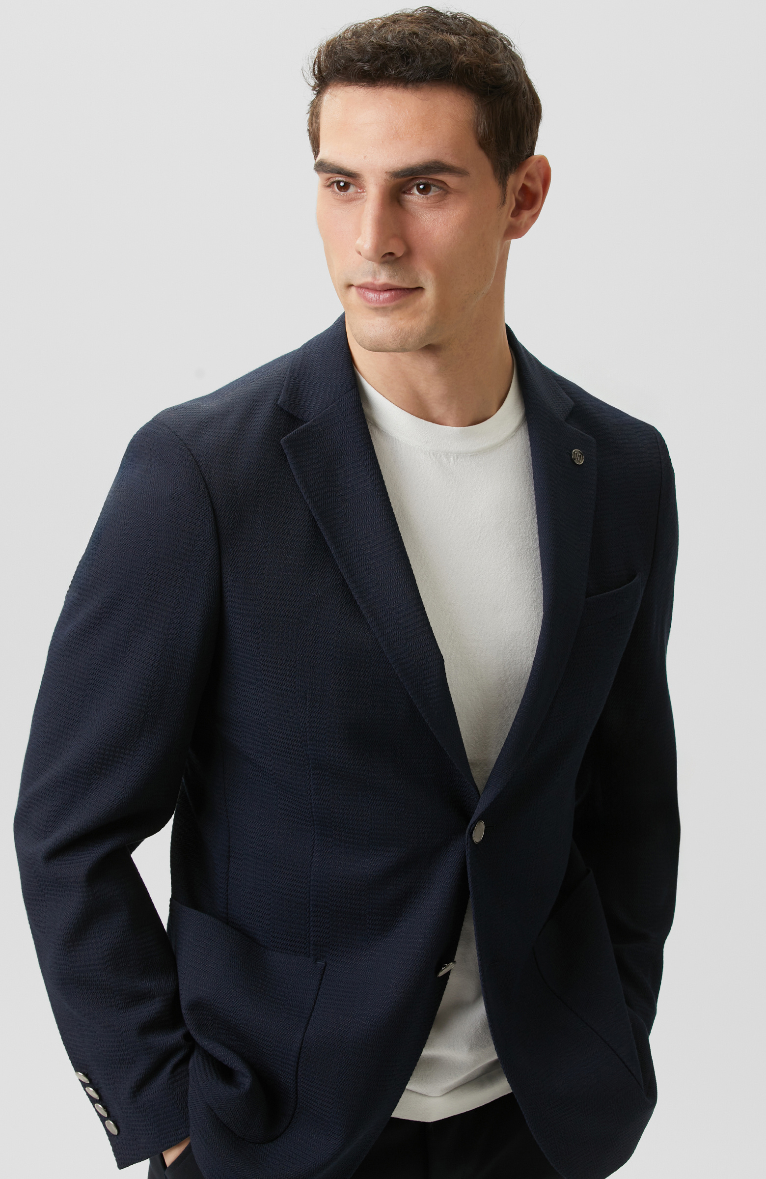 Lacivert Mono Yaka Jakarlı Örme Ceket