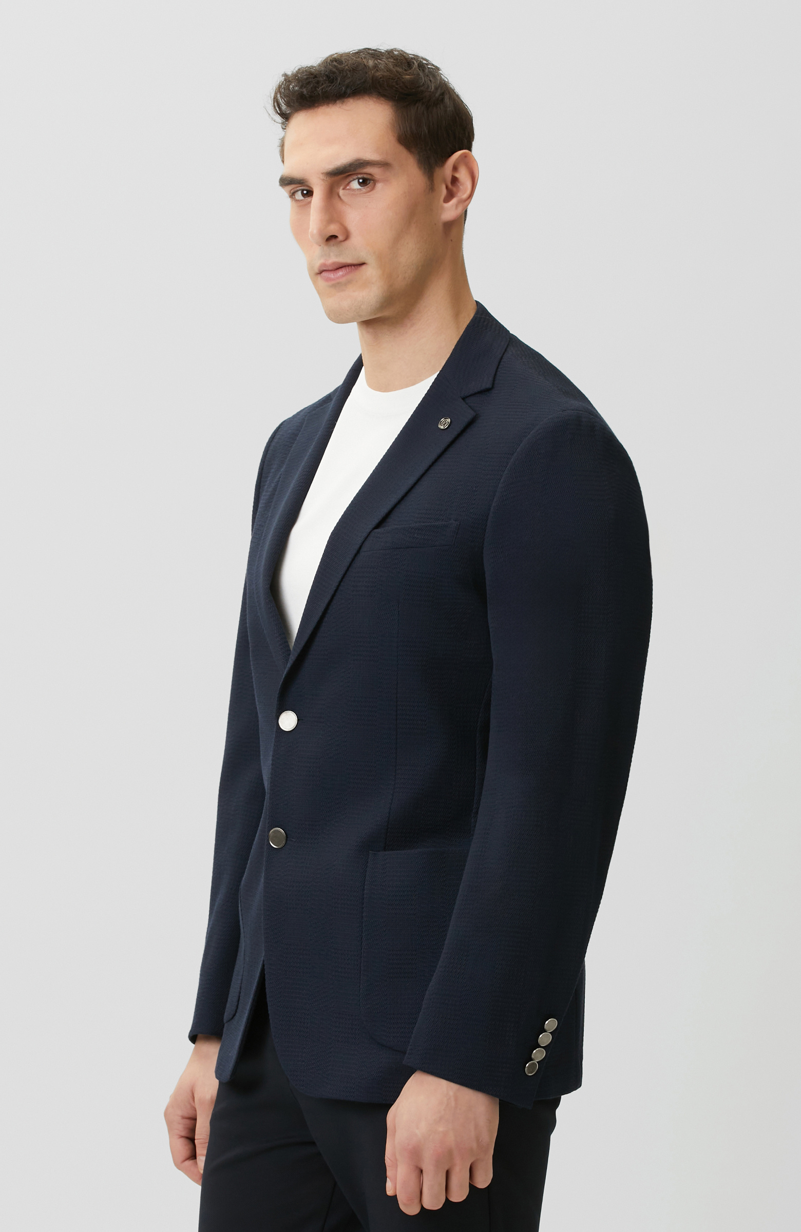 Lacivert Mono Yaka Jakarlı Örme Ceket