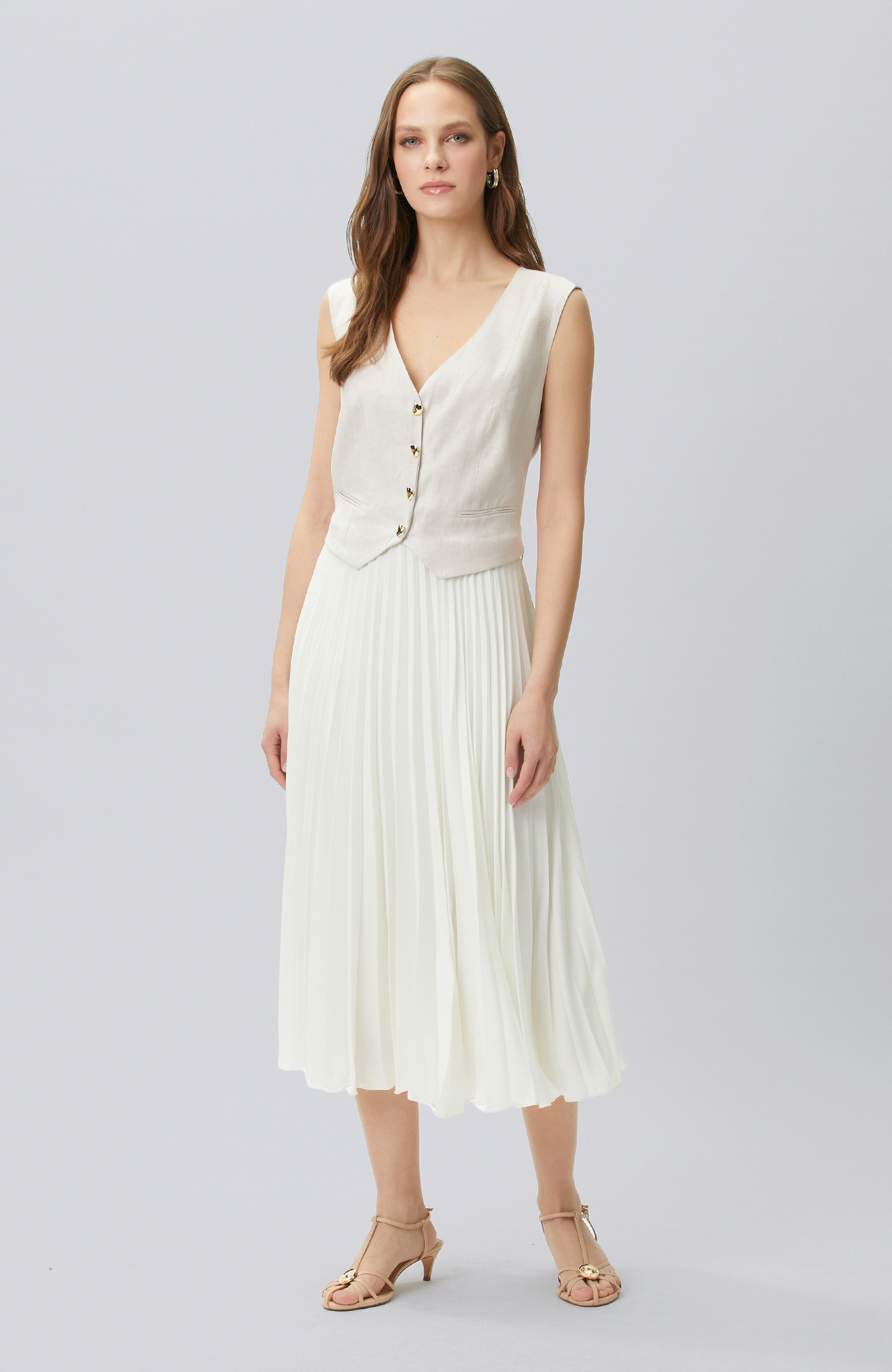 Bej Melanj Keten Karışımlı Midi Elbise