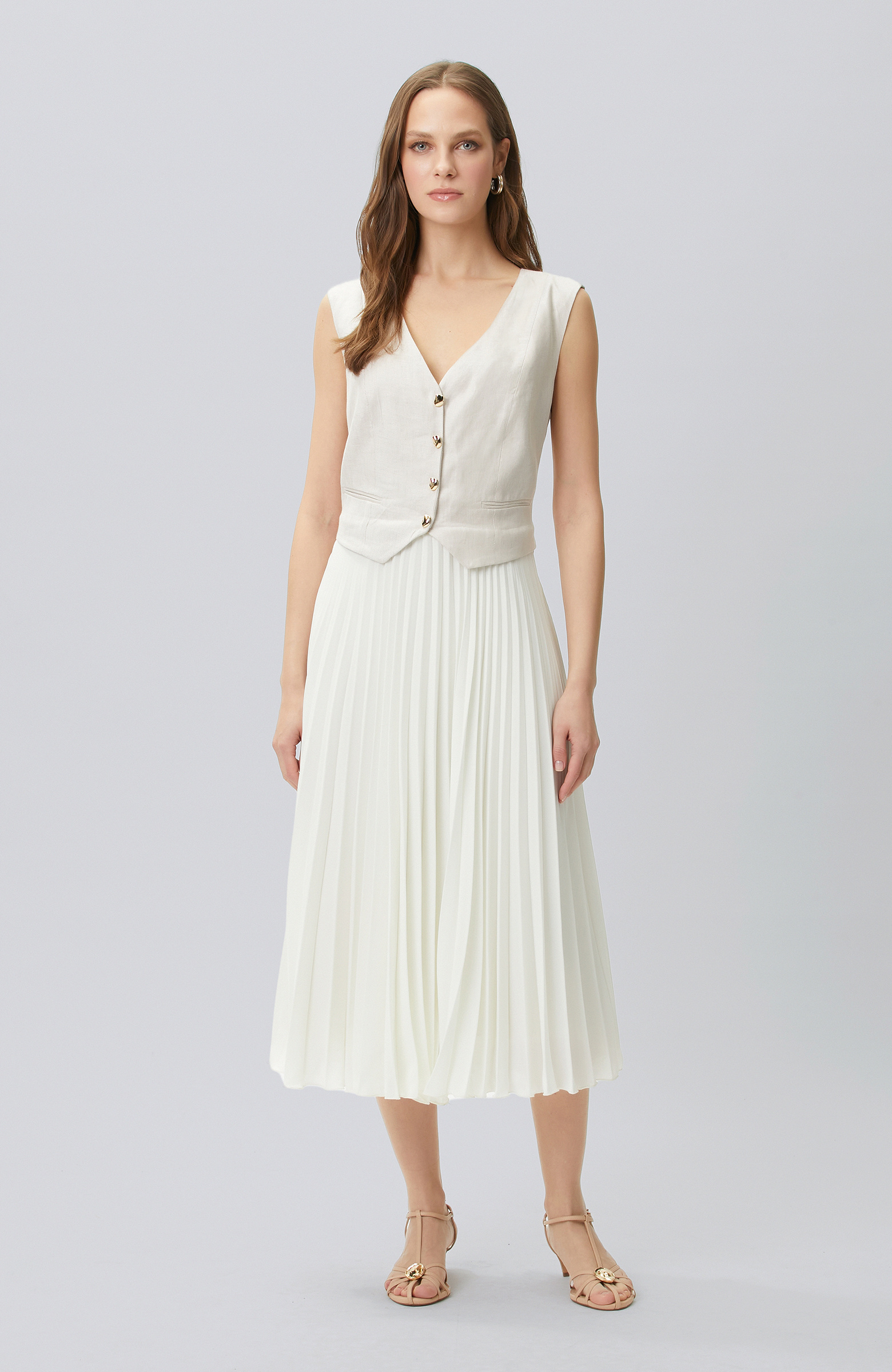 Bej Melanj Keten Karışımlı Midi Elbise