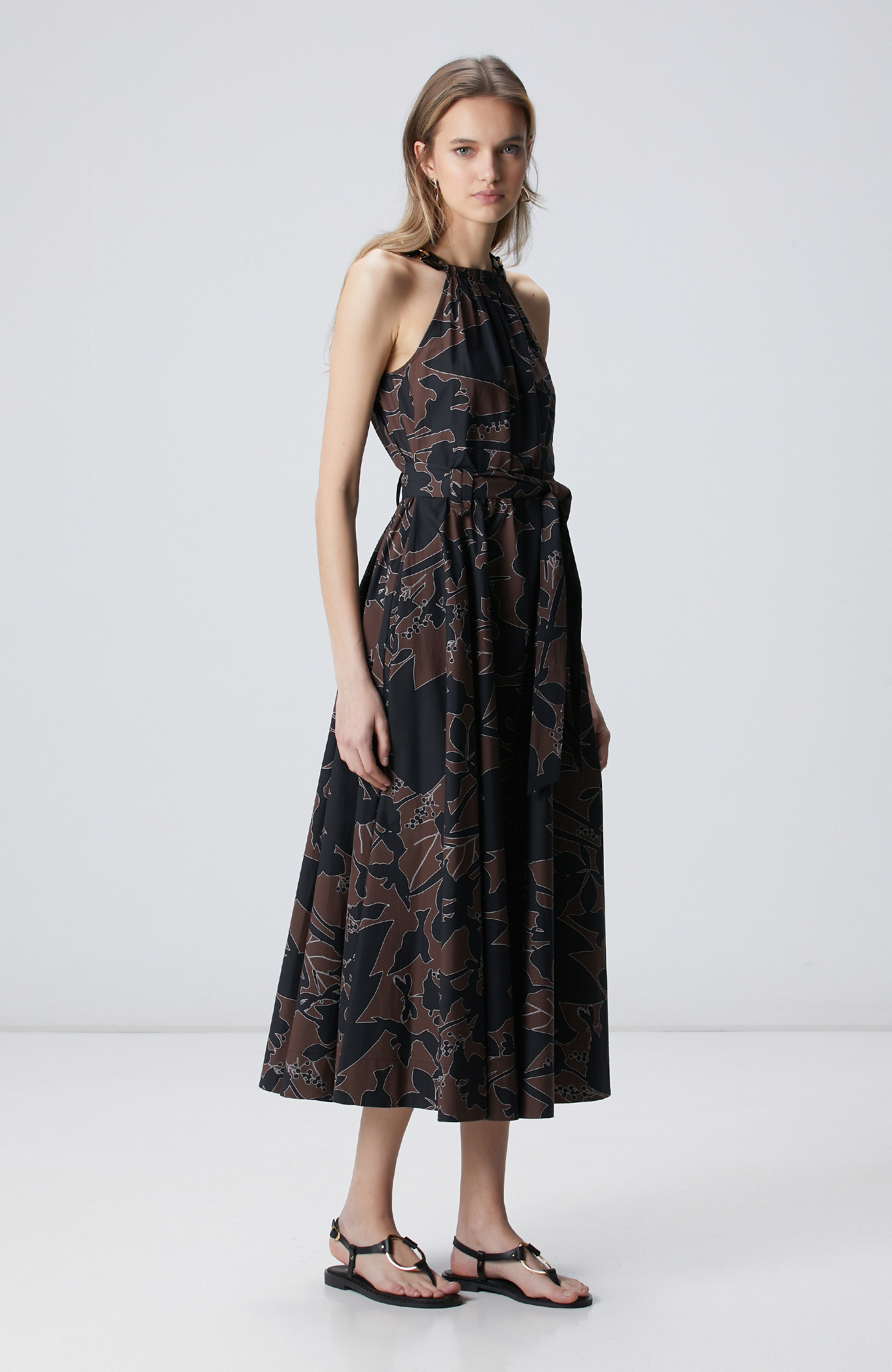 Siyah Kahverengi Desenli Midi Elbise