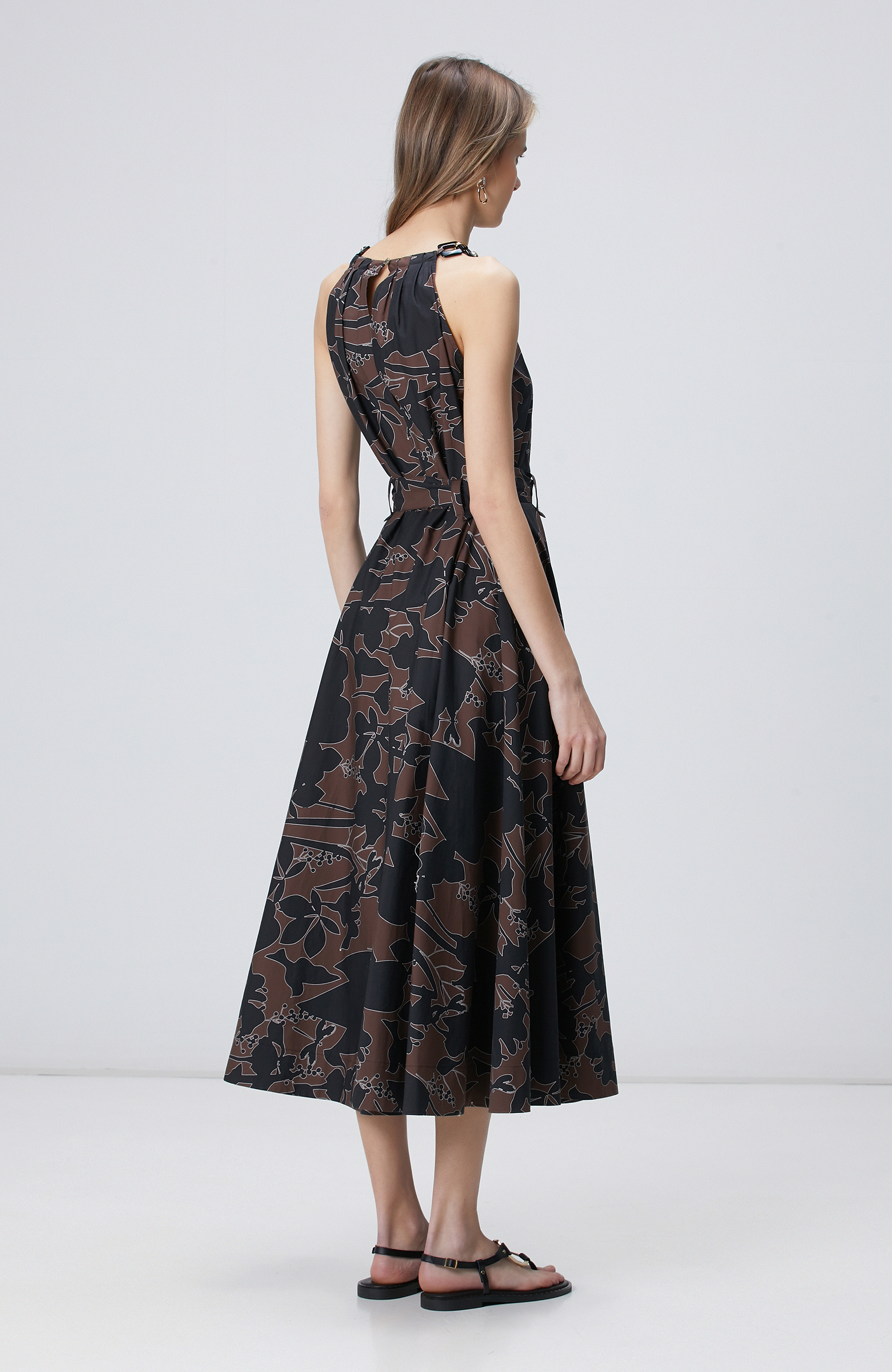 Siyah Kahverengi Desenli Midi Elbise