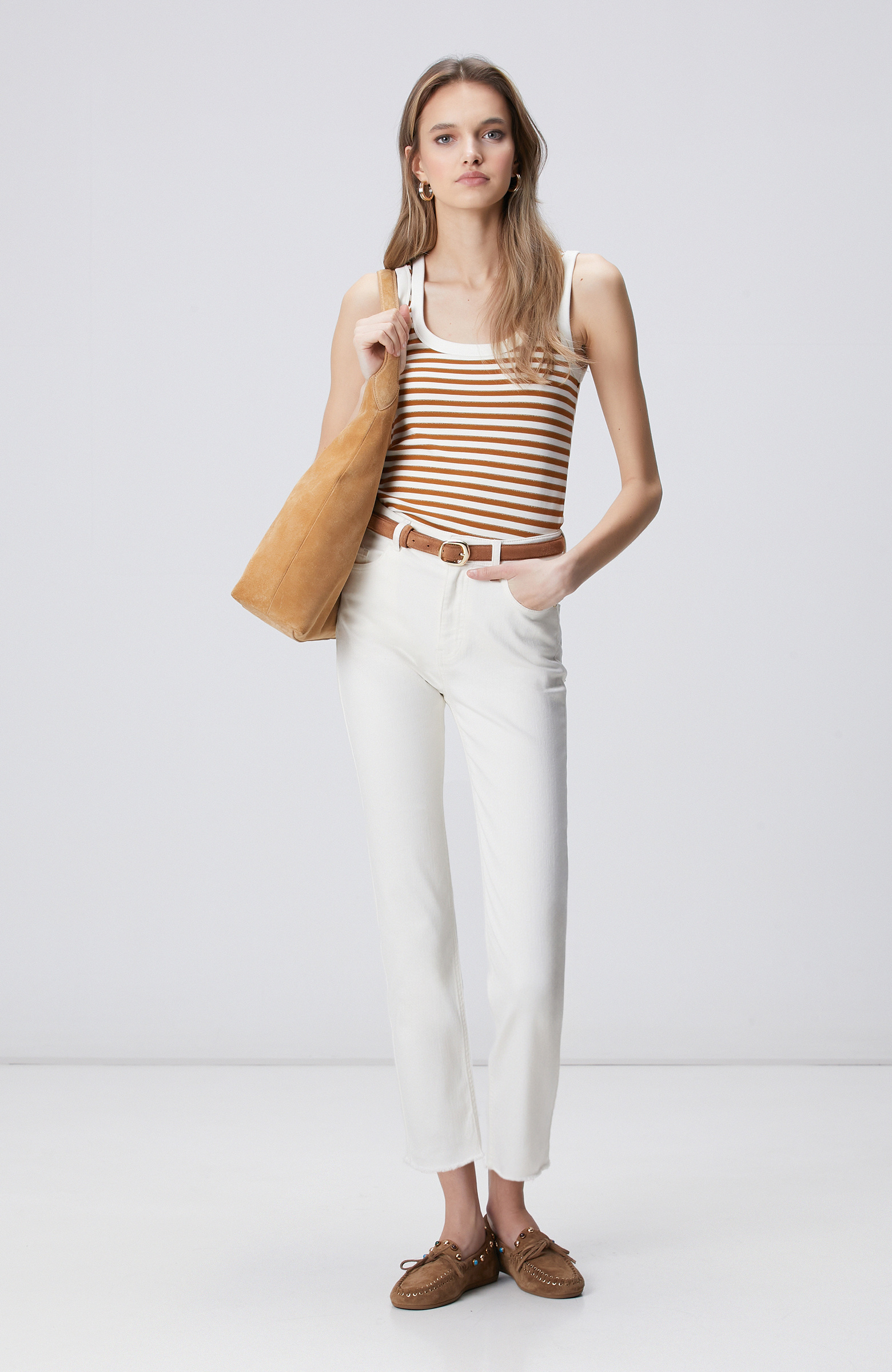 Beyaz Tütün Çizgili Örme Atlet