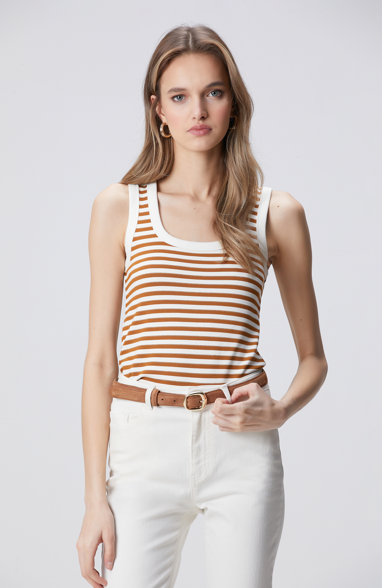 Beyaz Tütün Çizgili Örme Atlet