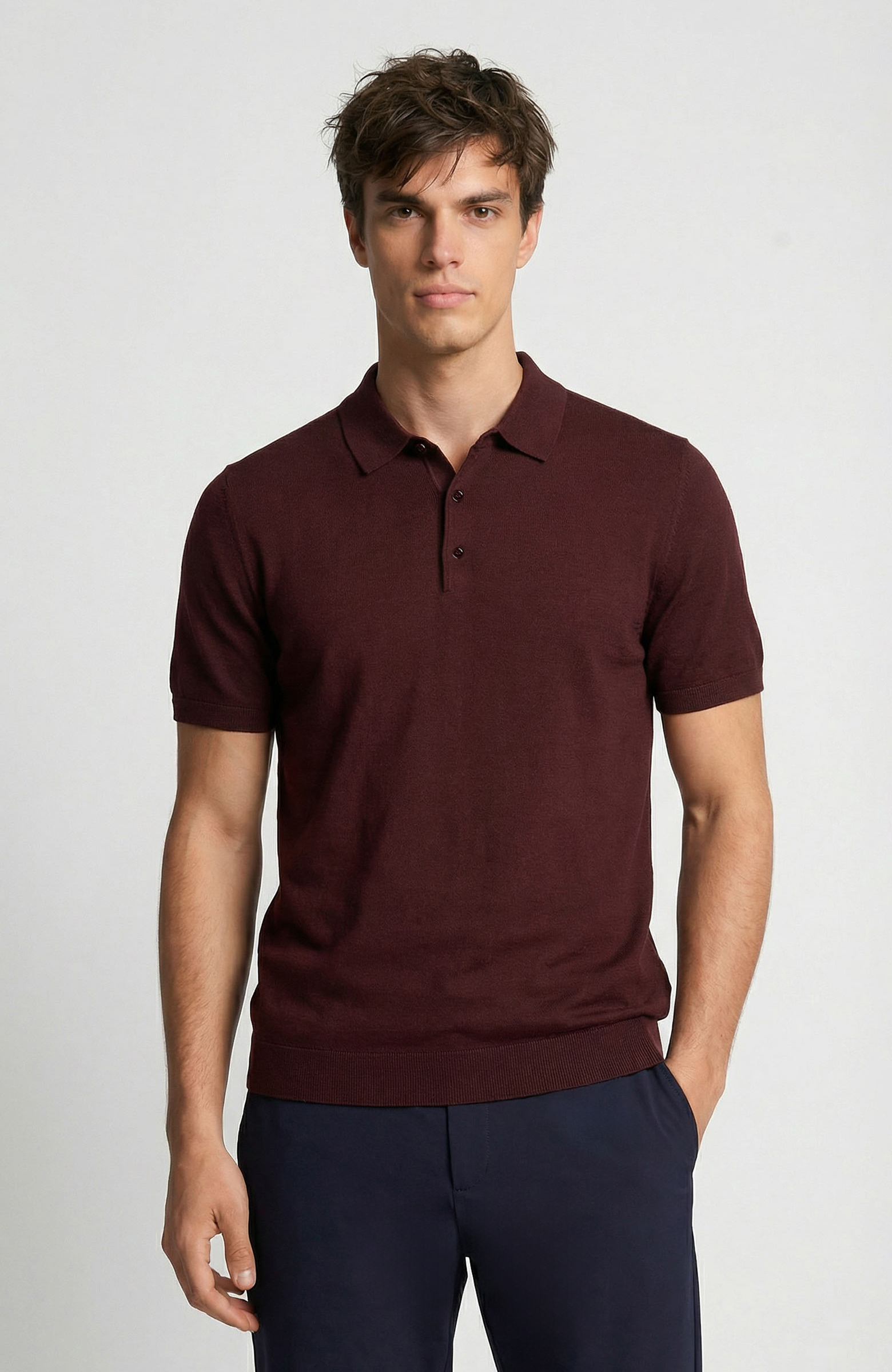 Burgundy Polo Collar Basic Knitwear Sweater