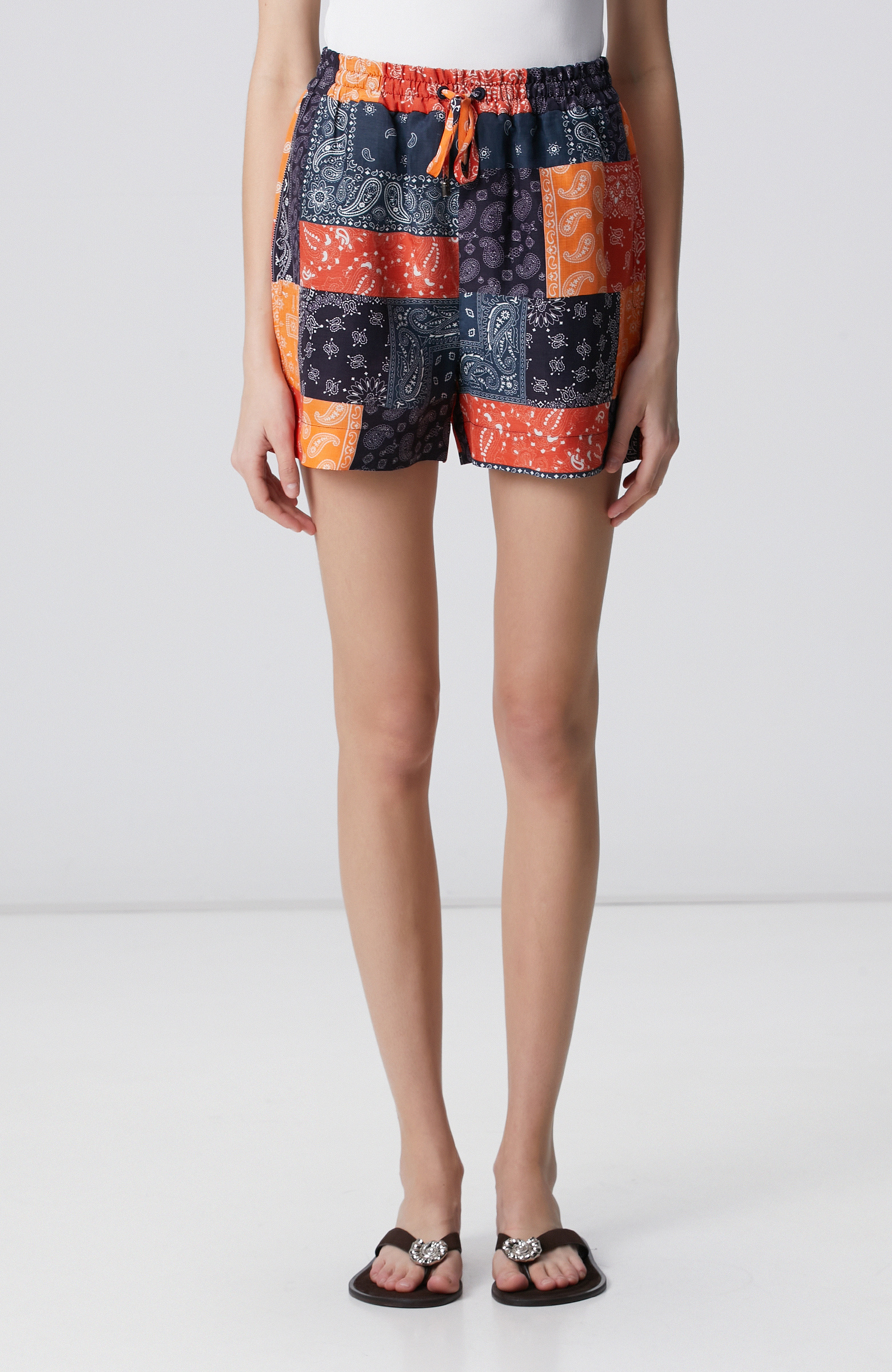 Lacivert Kırmızı Desenli Keten Mix Şort