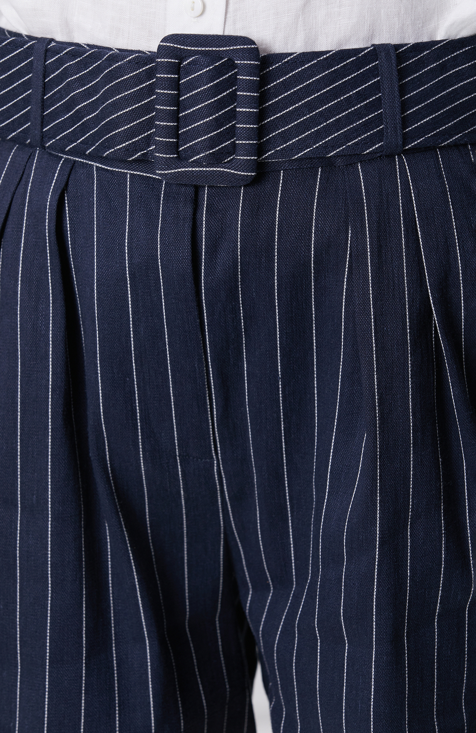 N-Green Navy Blue White Striped Belted Linen Blend Shorts