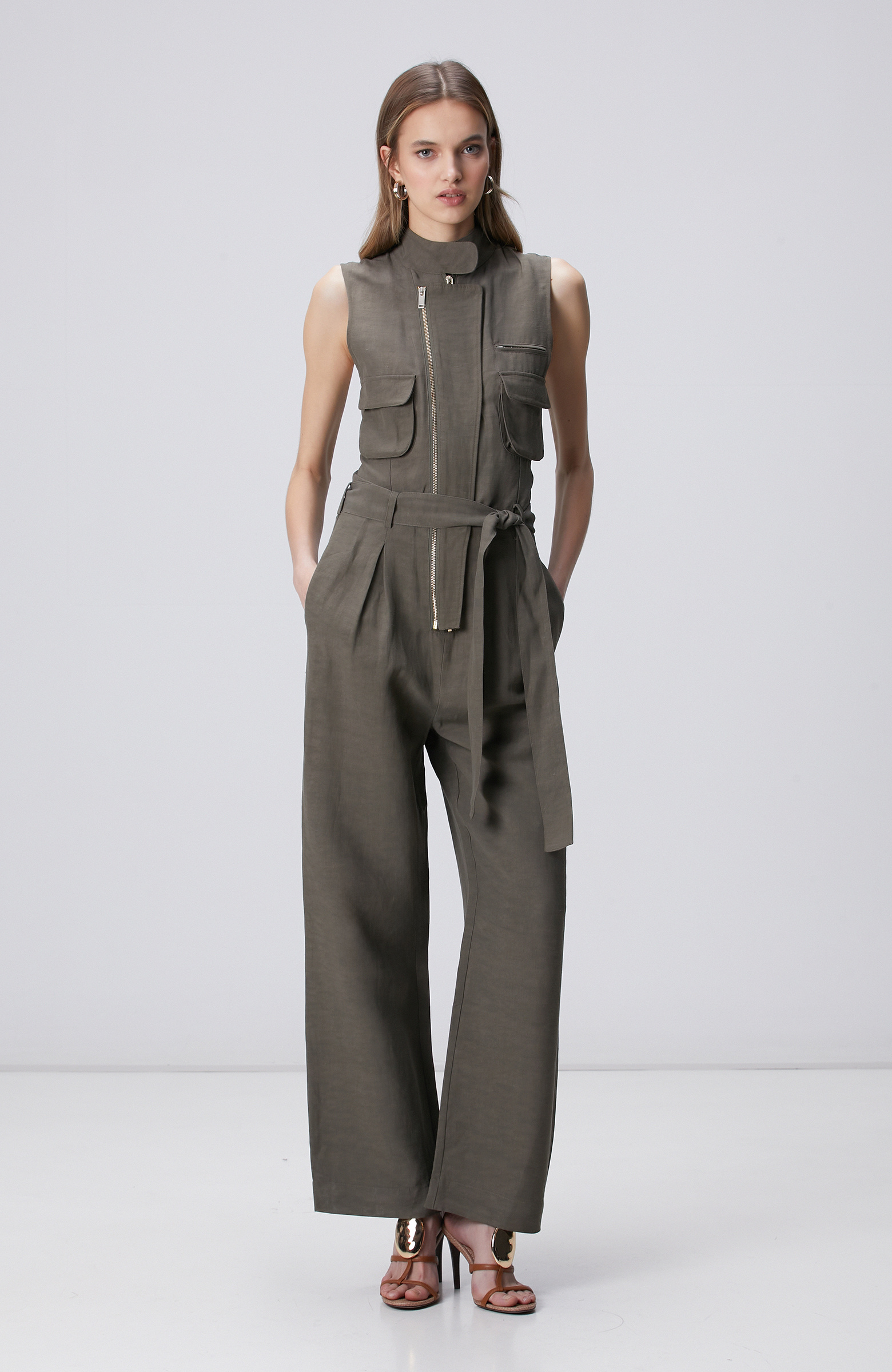 Haki Dik Yaka Kolsuz Keten Karışımlı Tulum