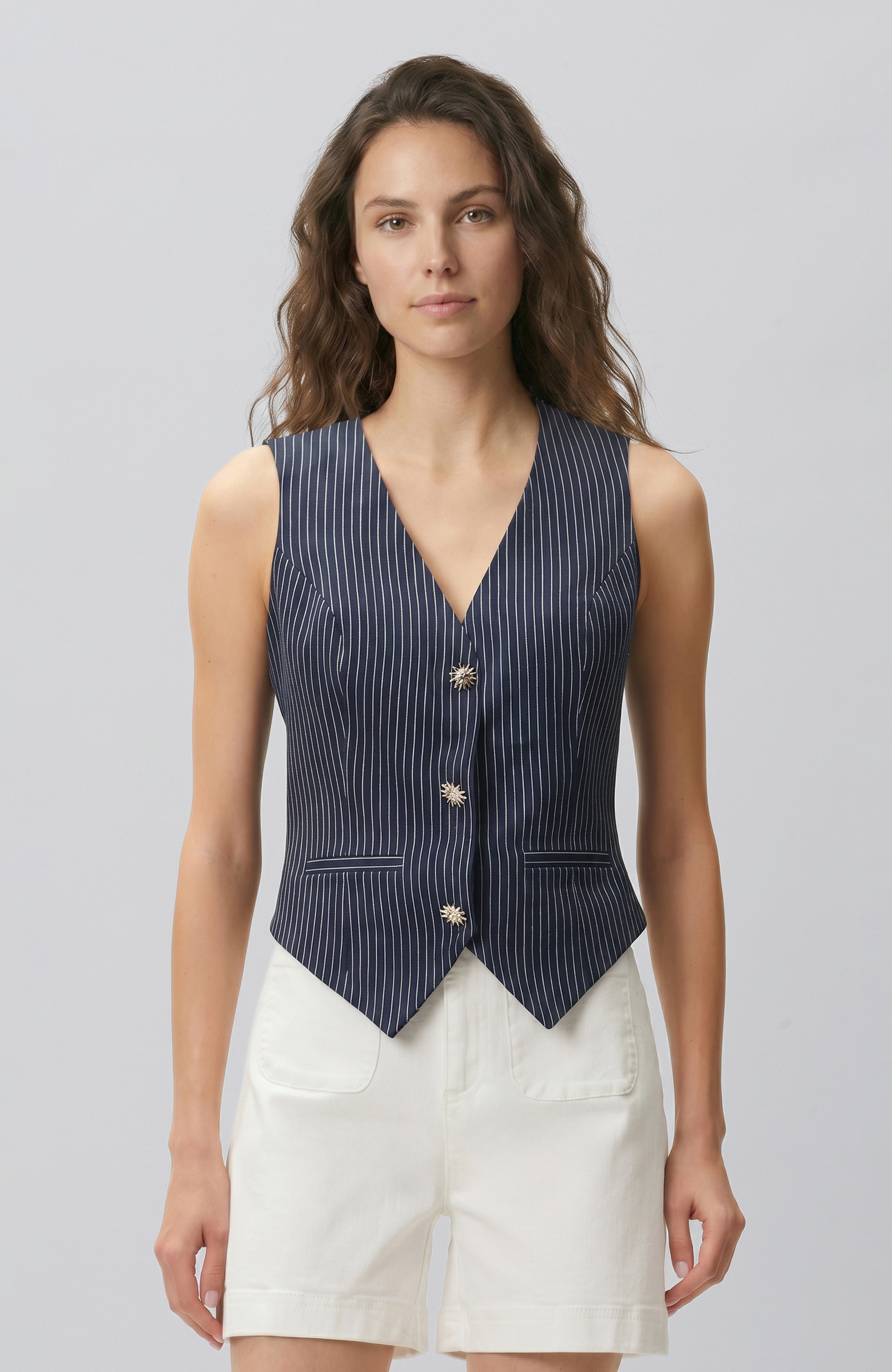Navy Blue Striped Linen Mix Vest