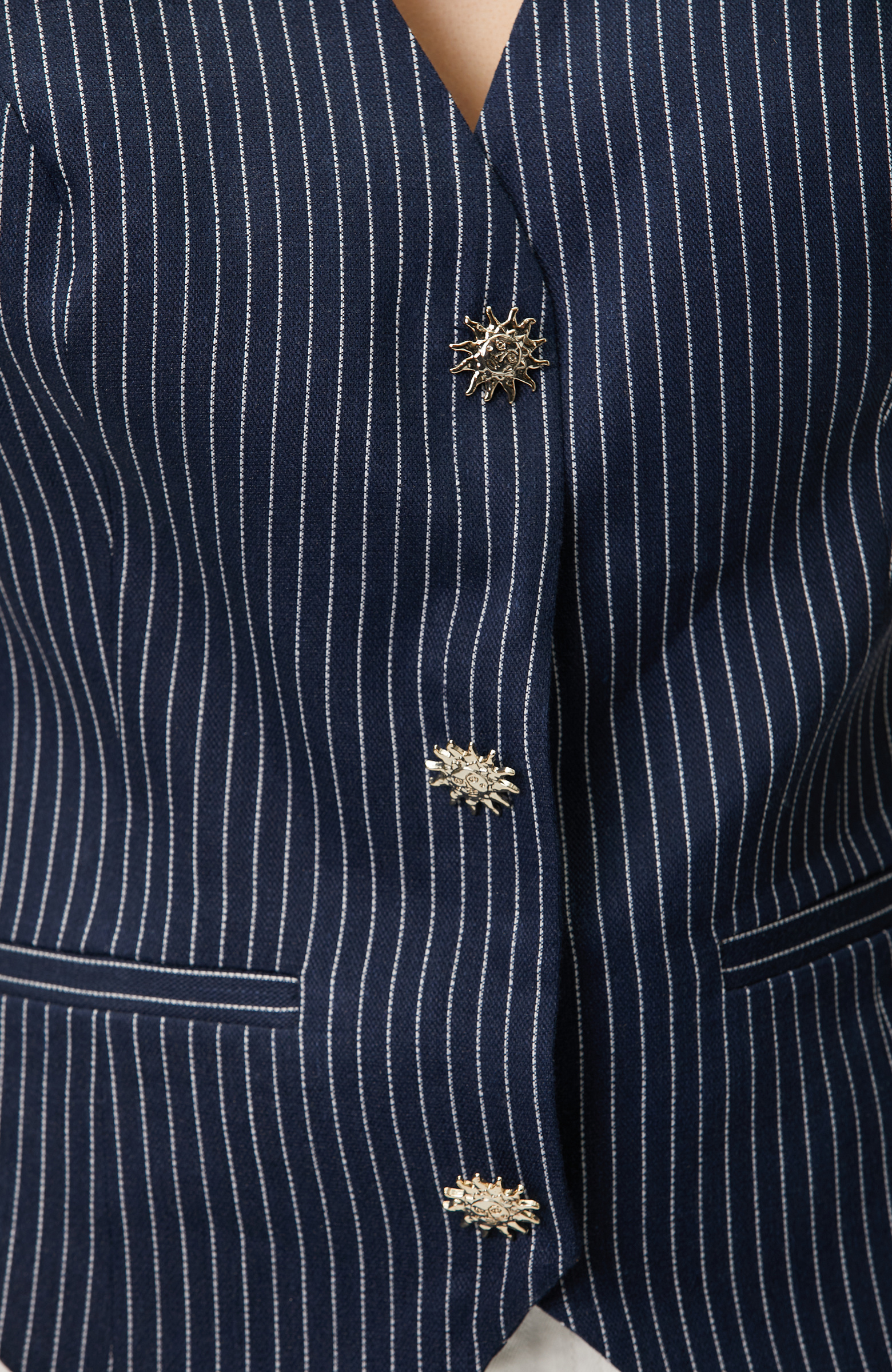 Navy Blue Striped Linen Mix Vest