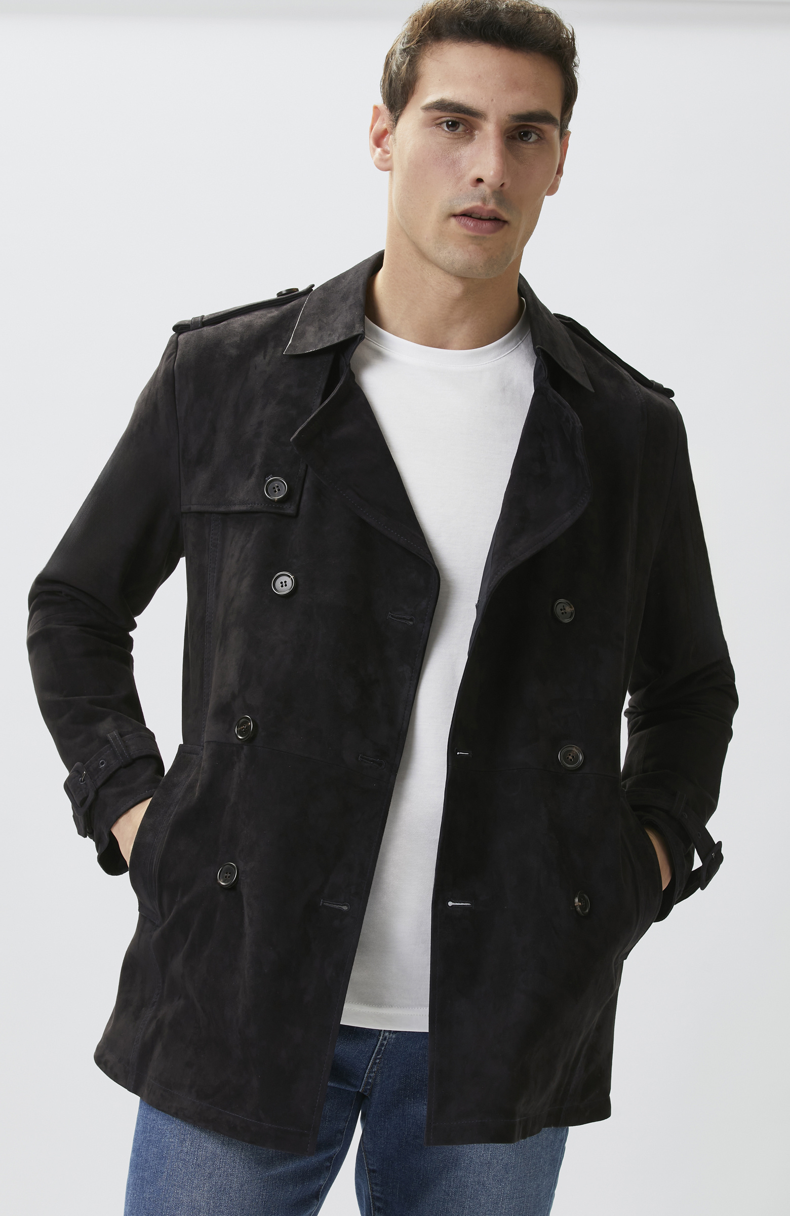 Navy Blue Leather Topcoat