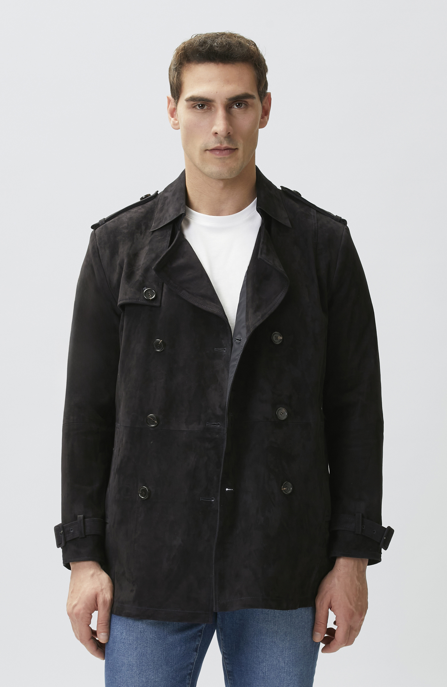 Navy Blue Leather Topcoat