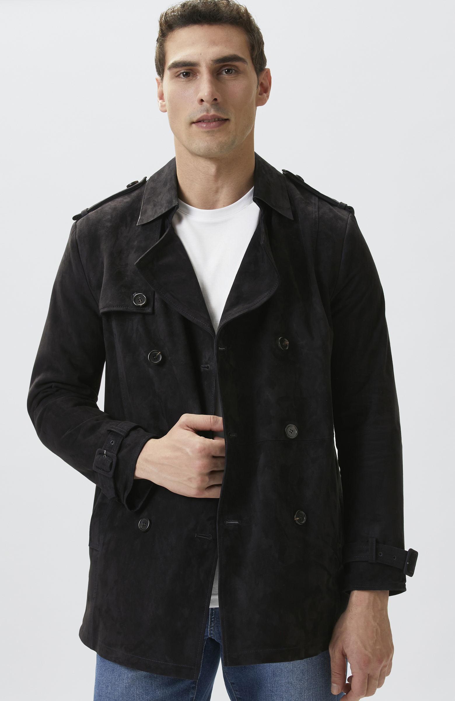 Navy Blue Leather Topcoat
