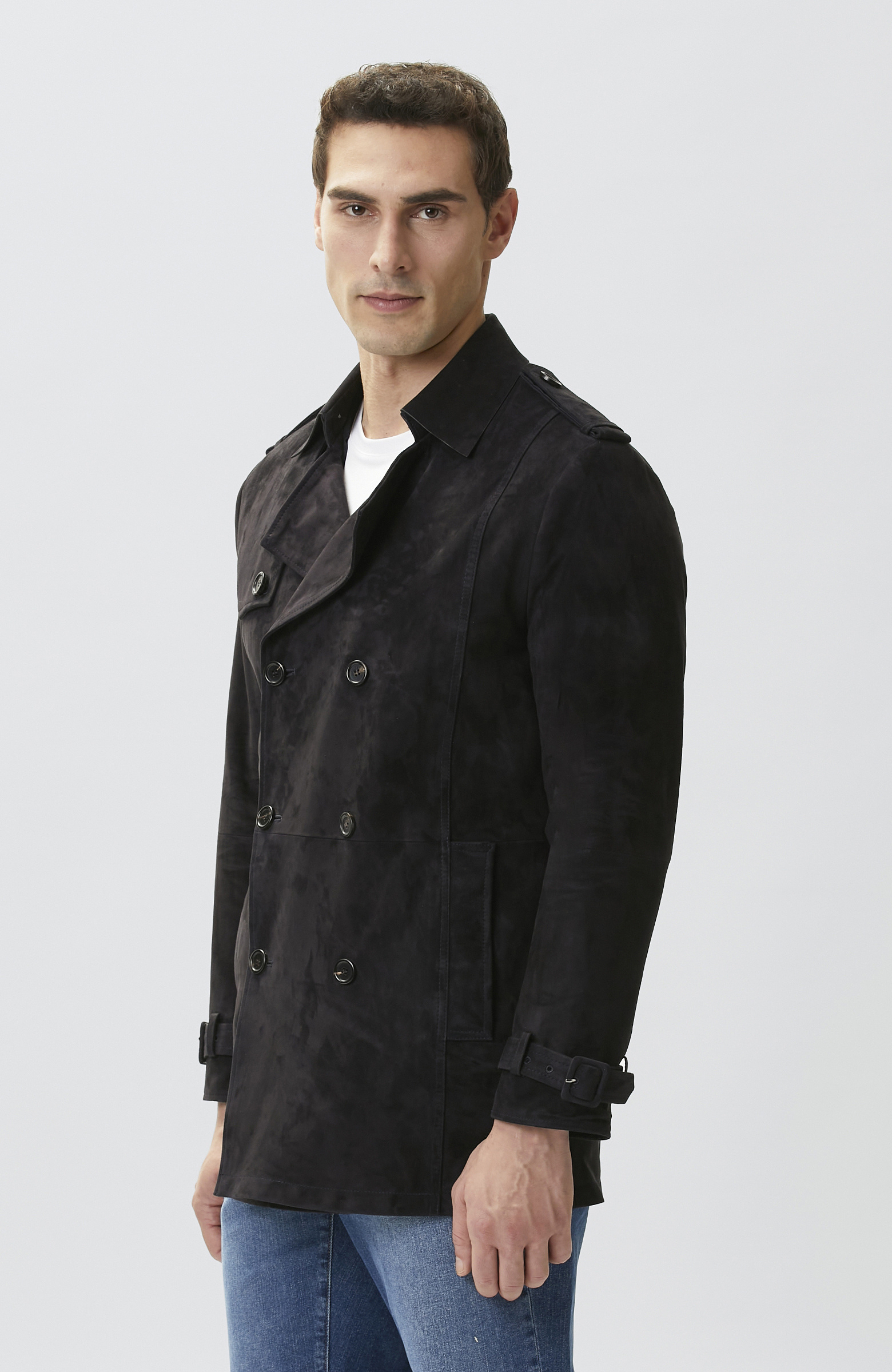 Navy Blue Leather Topcoat