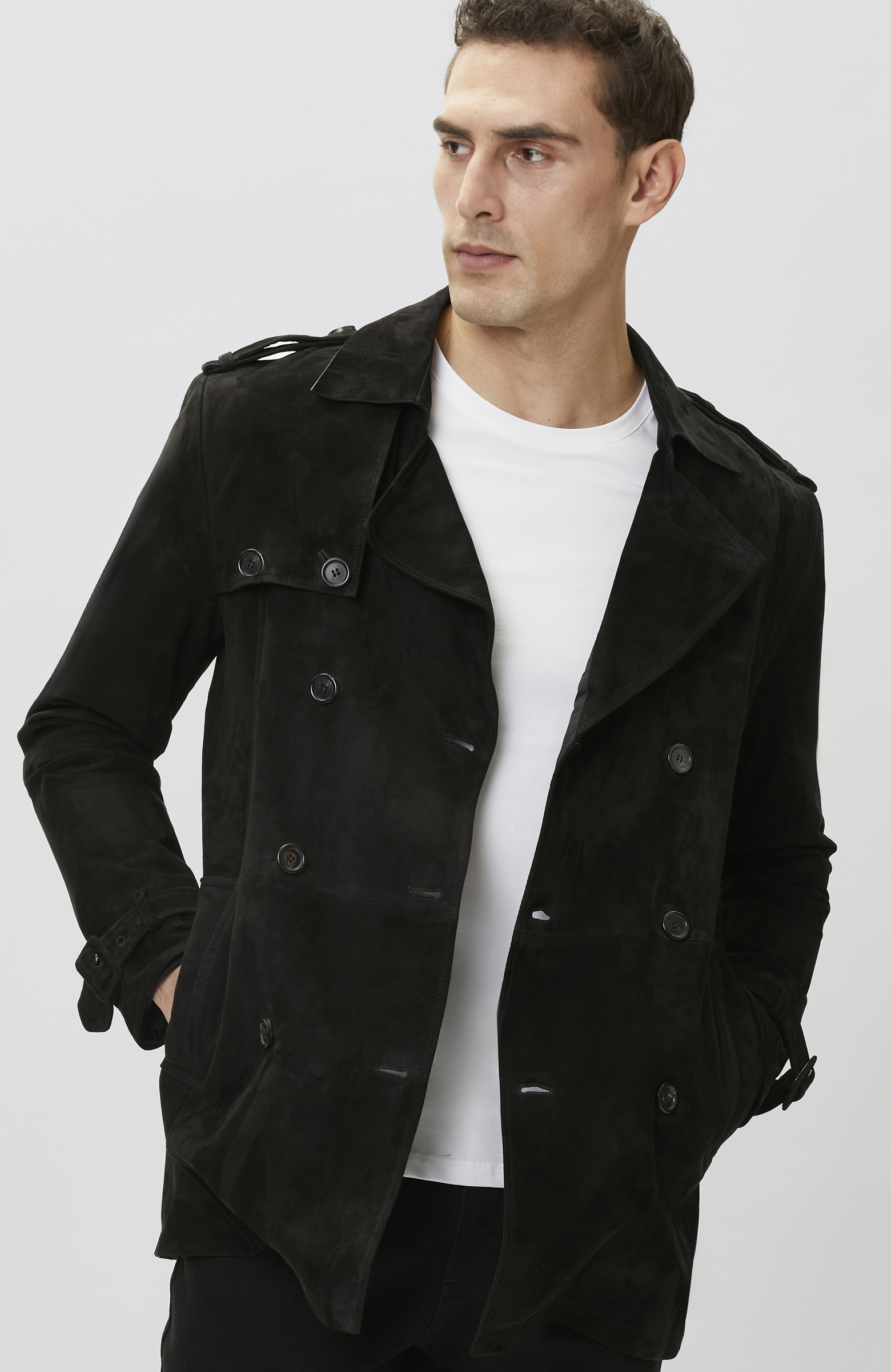 Siyah Çift Taraflı Süet Deri Pardösü