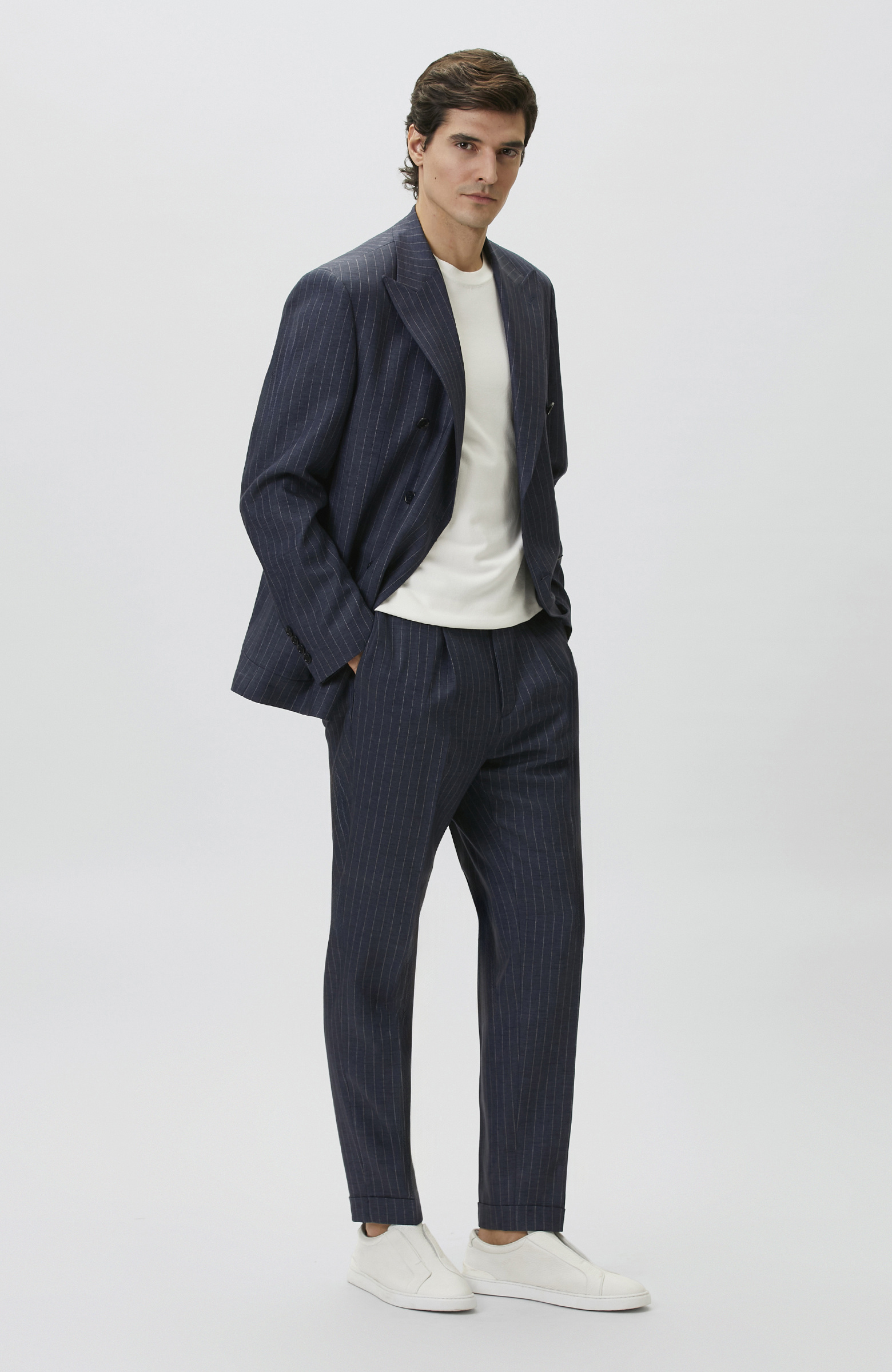 Navy Blue Limited Fabric Striped Linen Suit