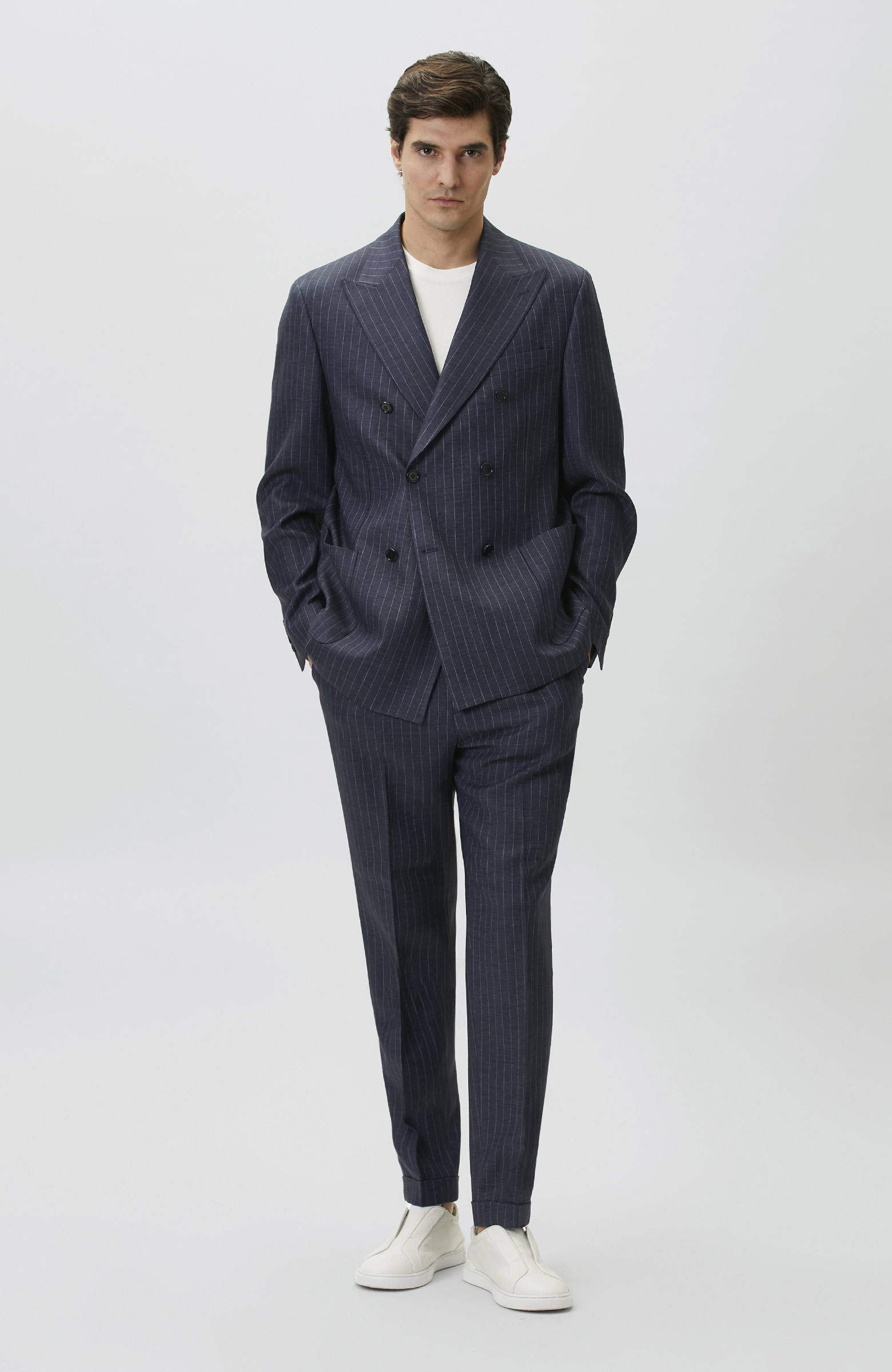 Navy Blue Limited Fabric Striped Linen Suit