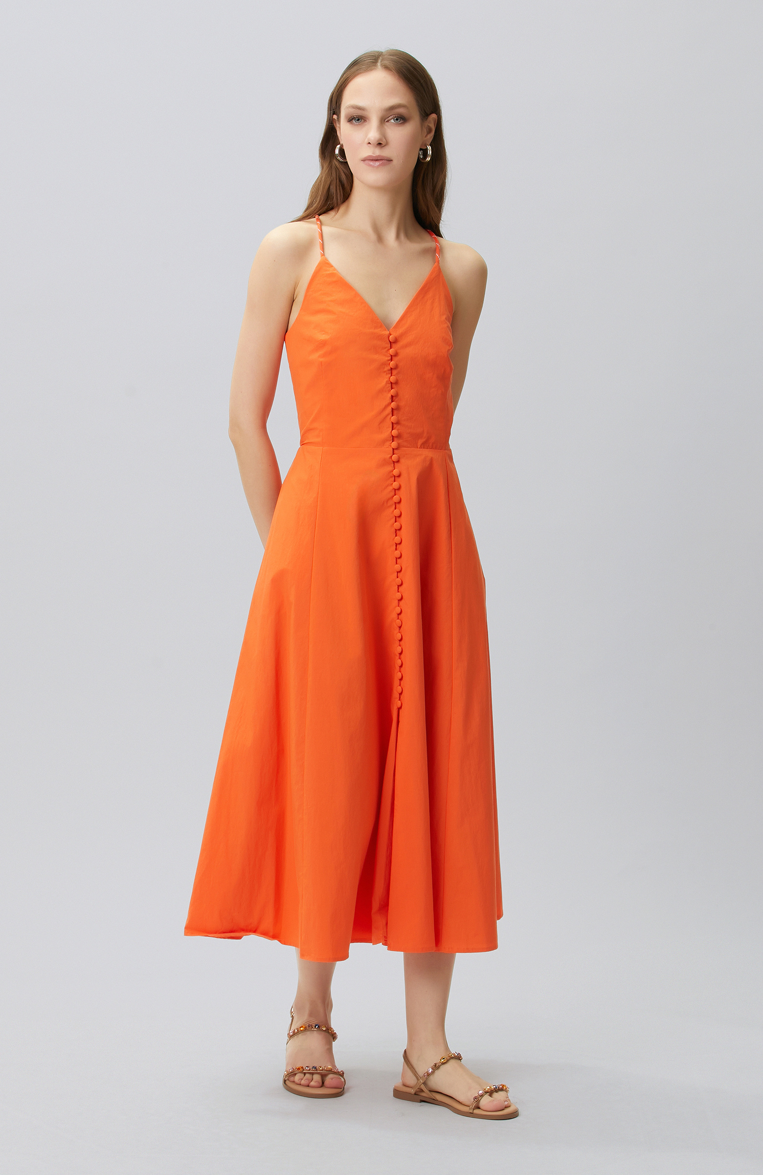 N-Tech Orange Low-cut Back Detailed Midi Dress