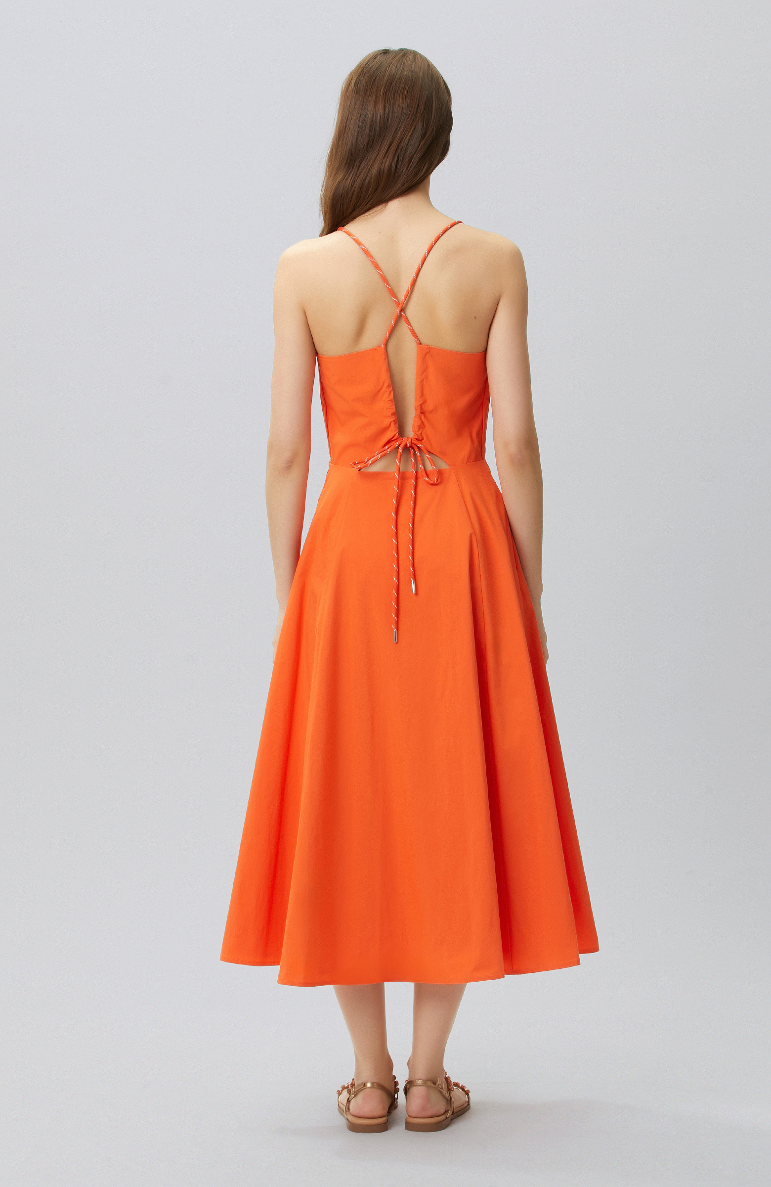 N-Tech Orange Low-cut Back Detailed Midi Dress