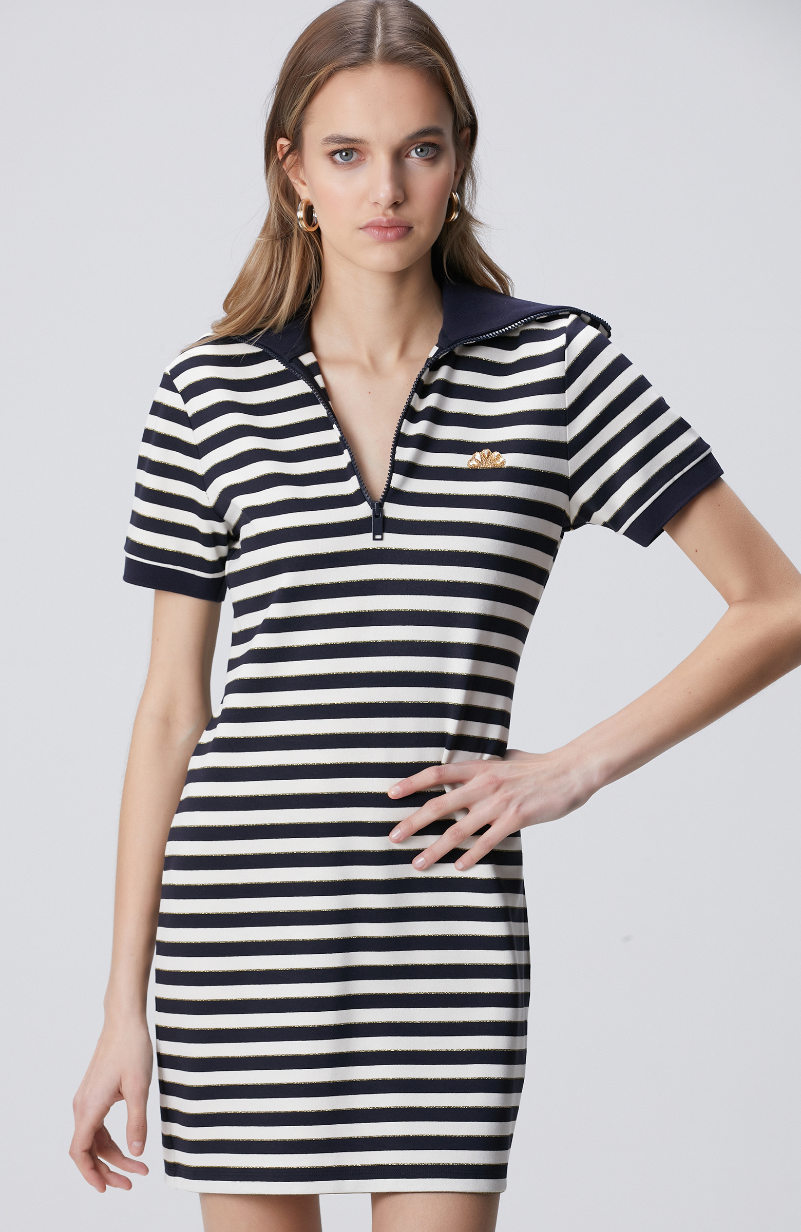 Navy Blue White Striped Mini Knitwear Dress