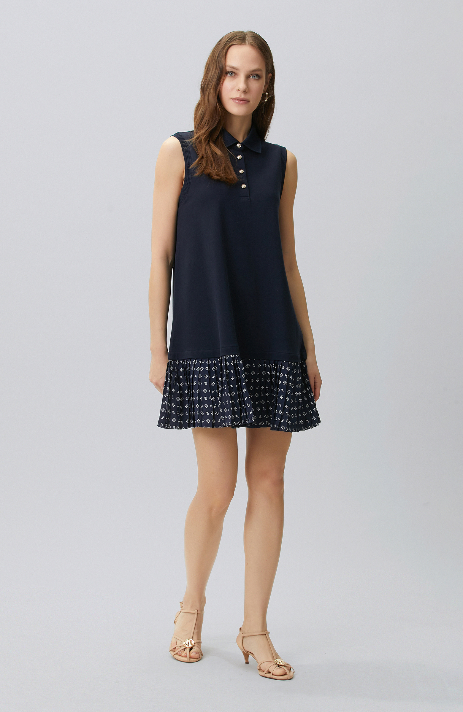 Navy Blue Paisley Pattern Garnished Knitted Dress