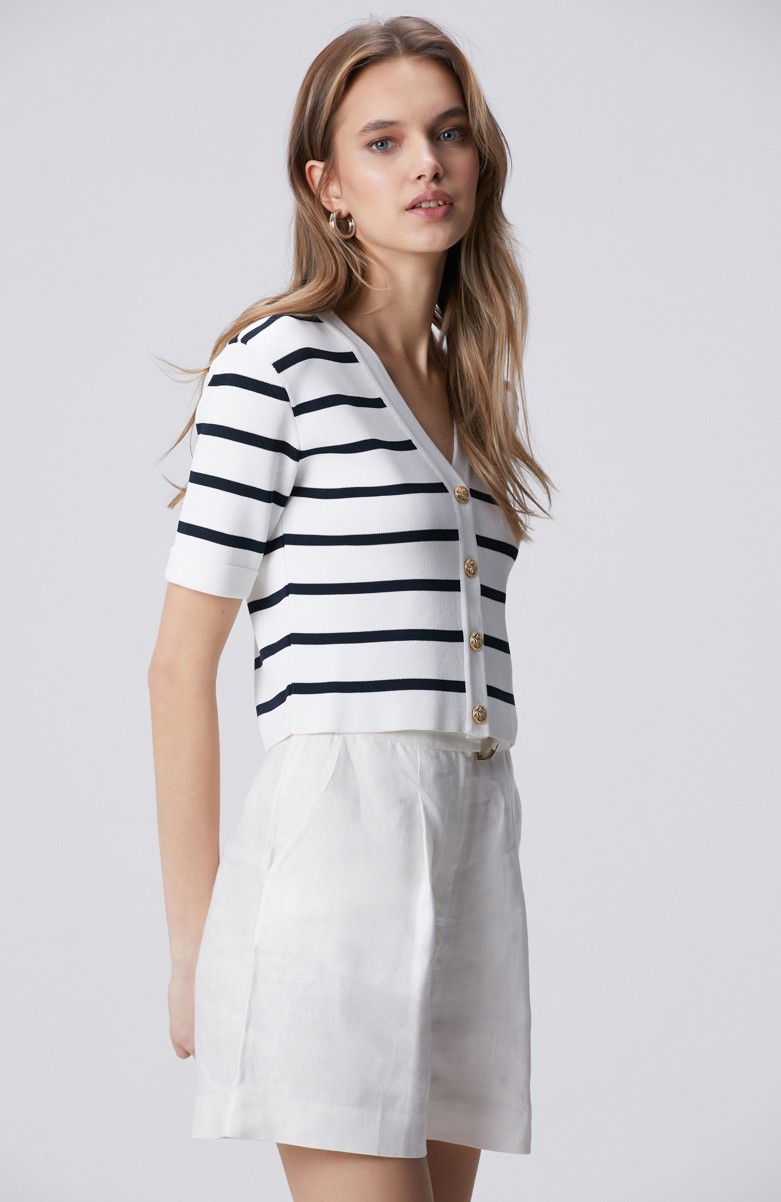 Lacivert Beyaz Çizgili Triko Ceket