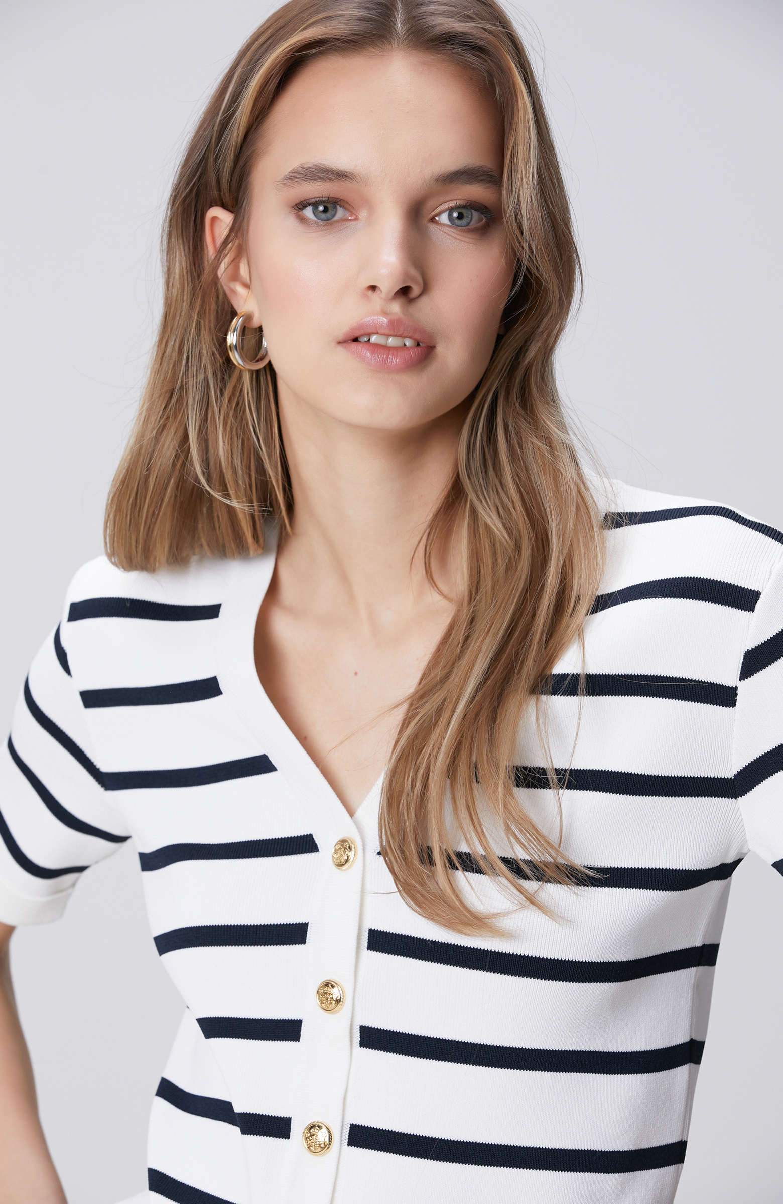 Lacivert Beyaz Çizgili Triko Ceket