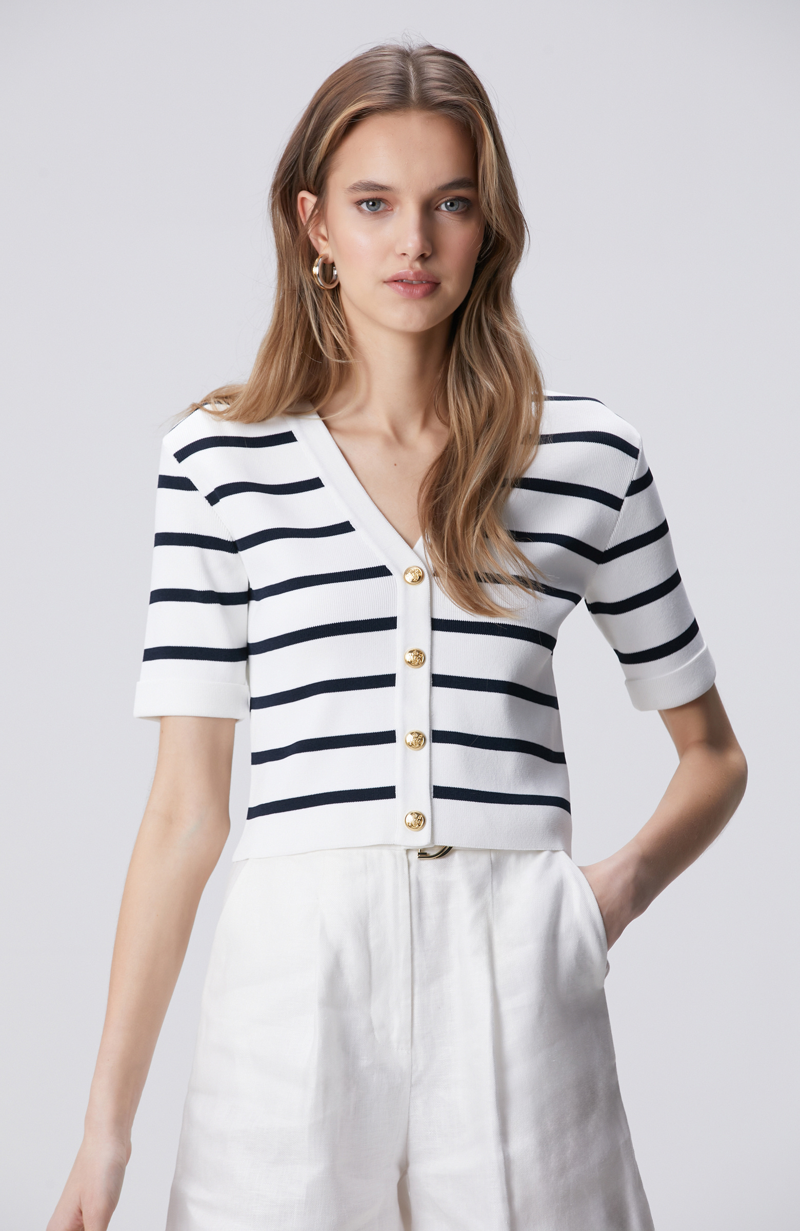 Lacivert Beyaz Çizgili Triko Ceket