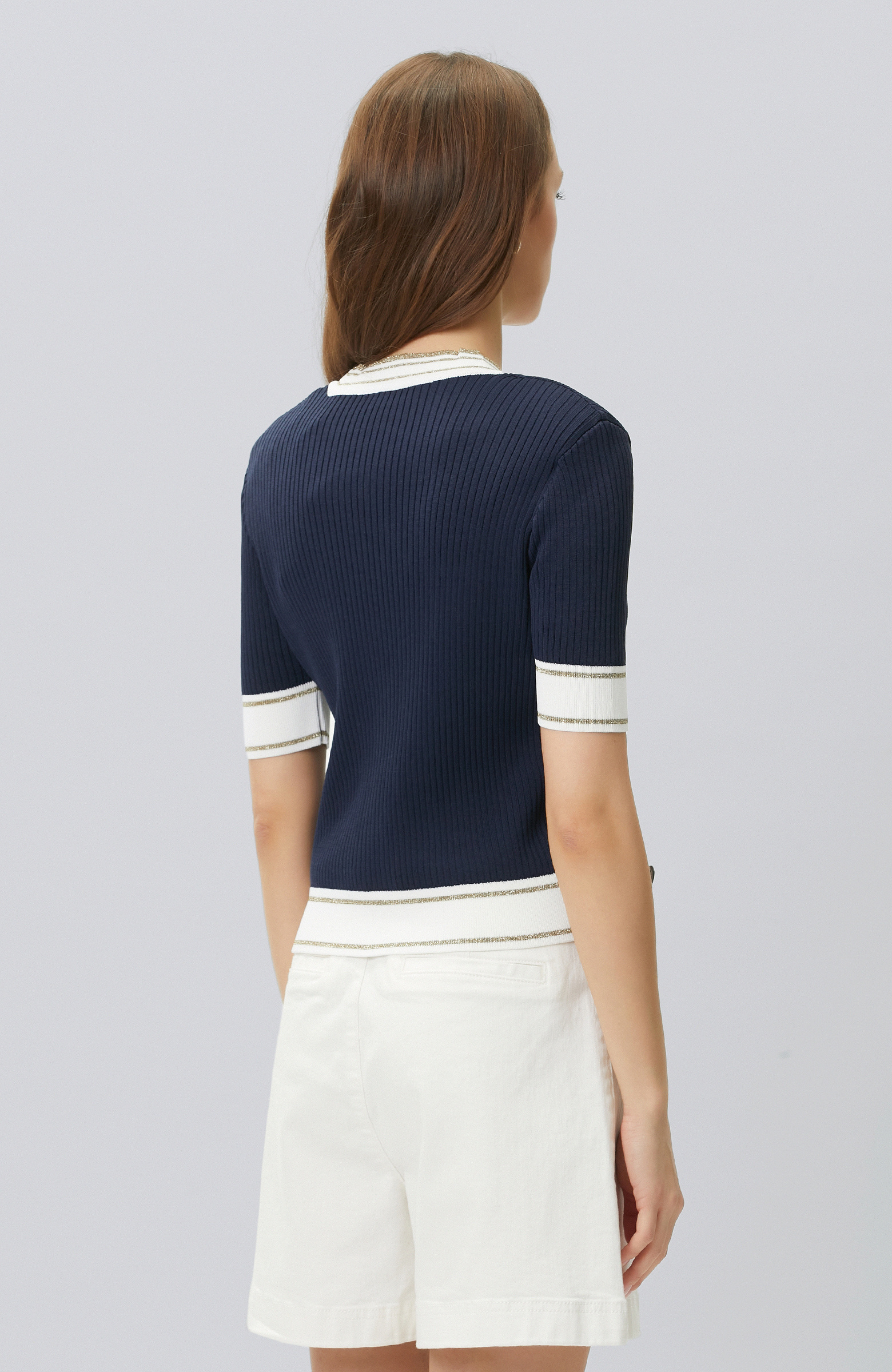 Lacivert Beyaz Vatkalı V yaka Triko Ceket