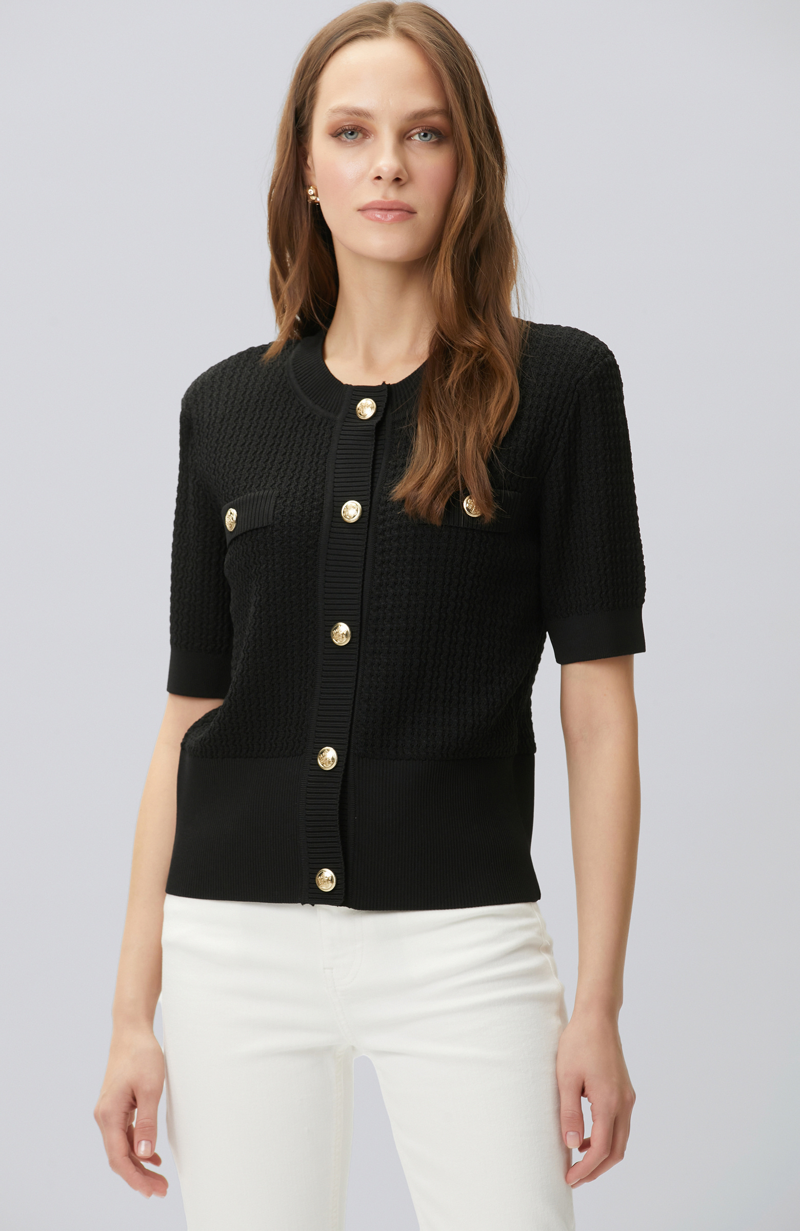 Siyah Kısa Kol Düğme Detaylı Triko Ceket