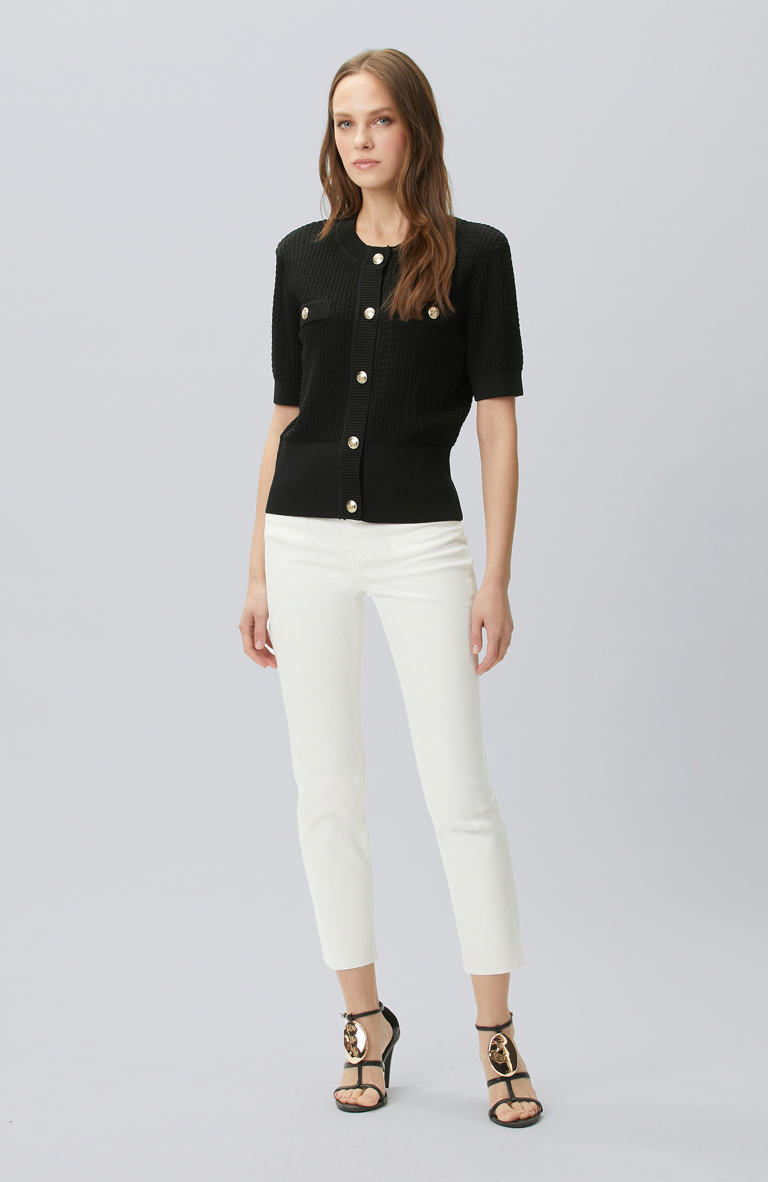 Siyah Kısa Kol Düğme Detaylı Triko Ceket