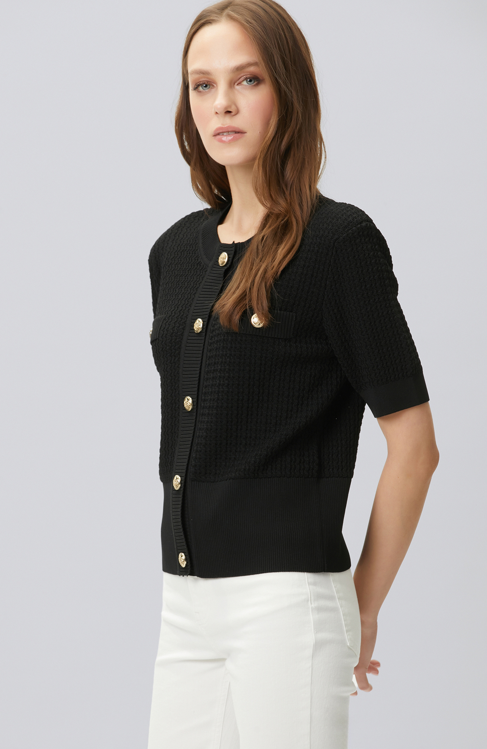Siyah Kısa Kol Düğme Detaylı Triko Ceket