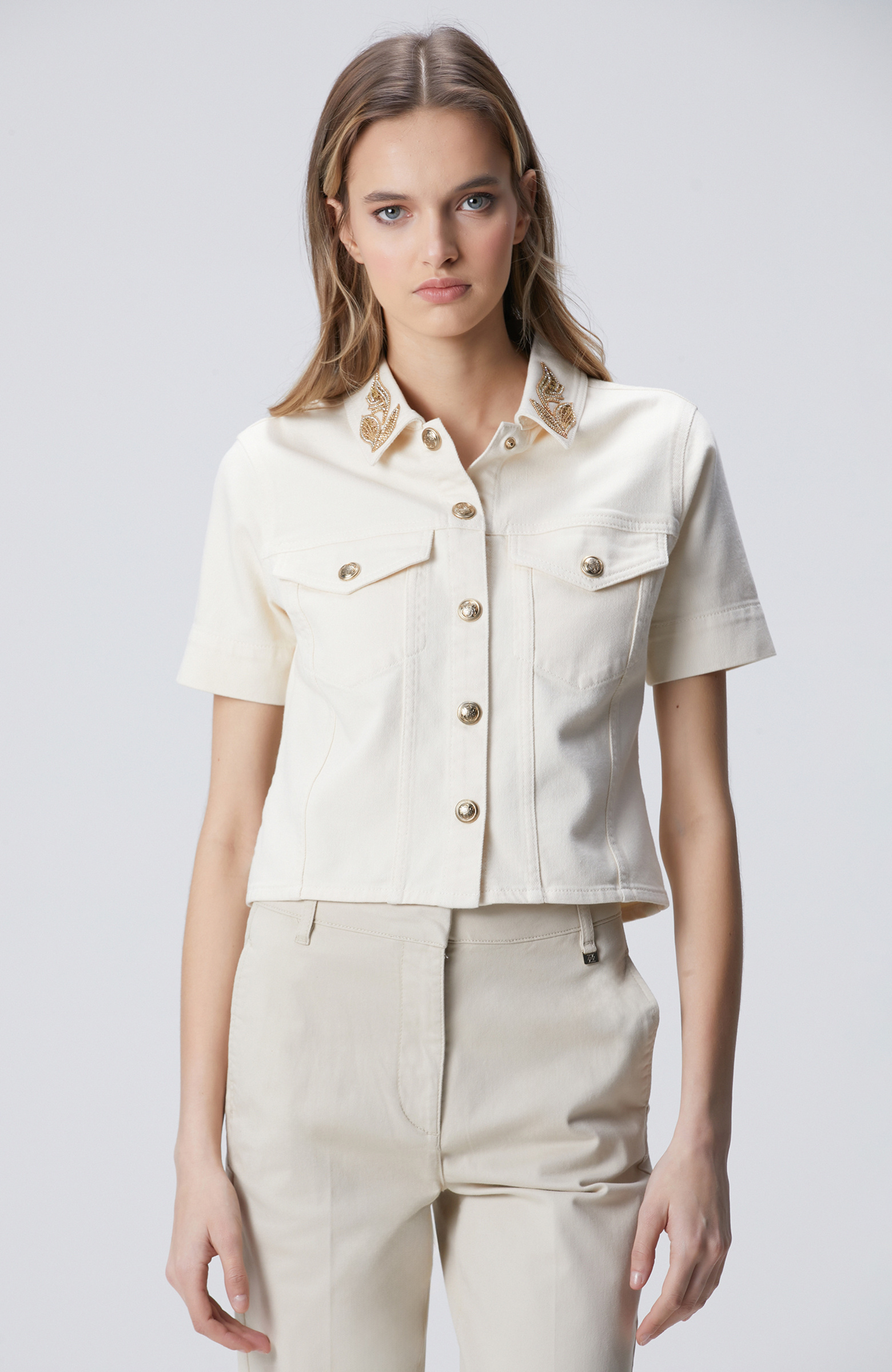 Naturel Yaka Taş Detaylı Denim Mont