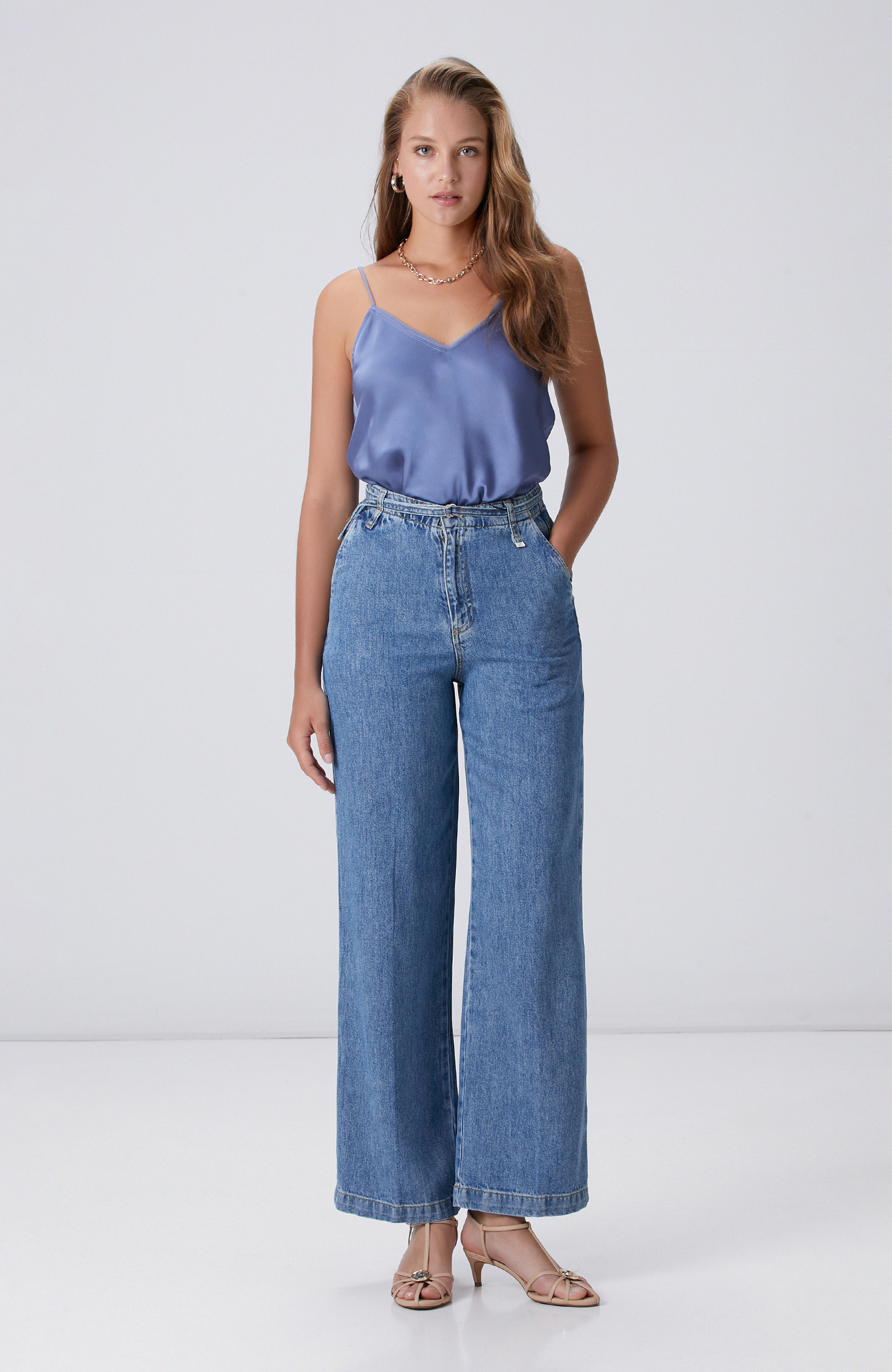 İndigo Mavi Wide Straight Tencel Denim Pantolon