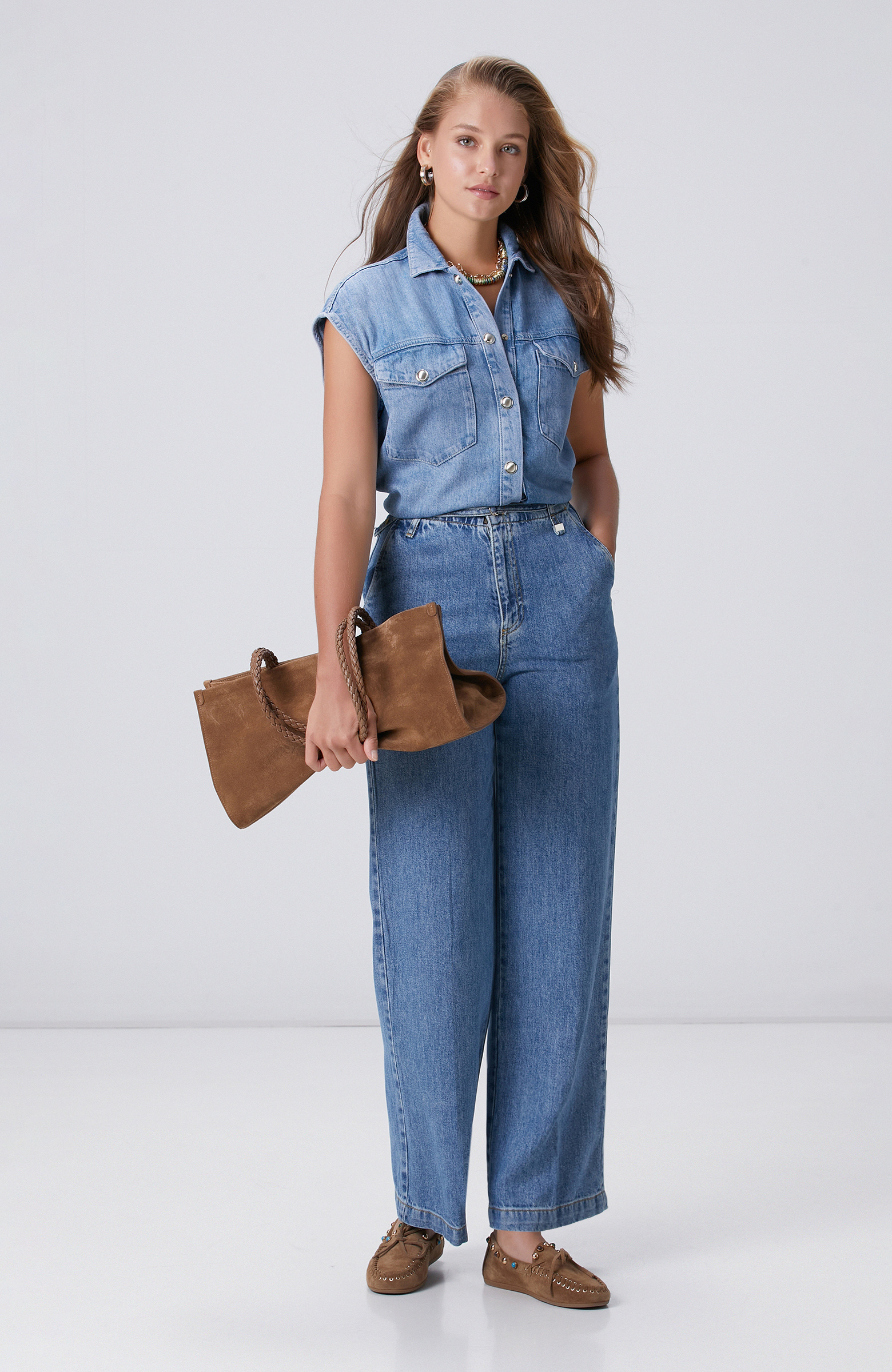 İndigo Mavi Wide Straight Tencel Denim Pantolon