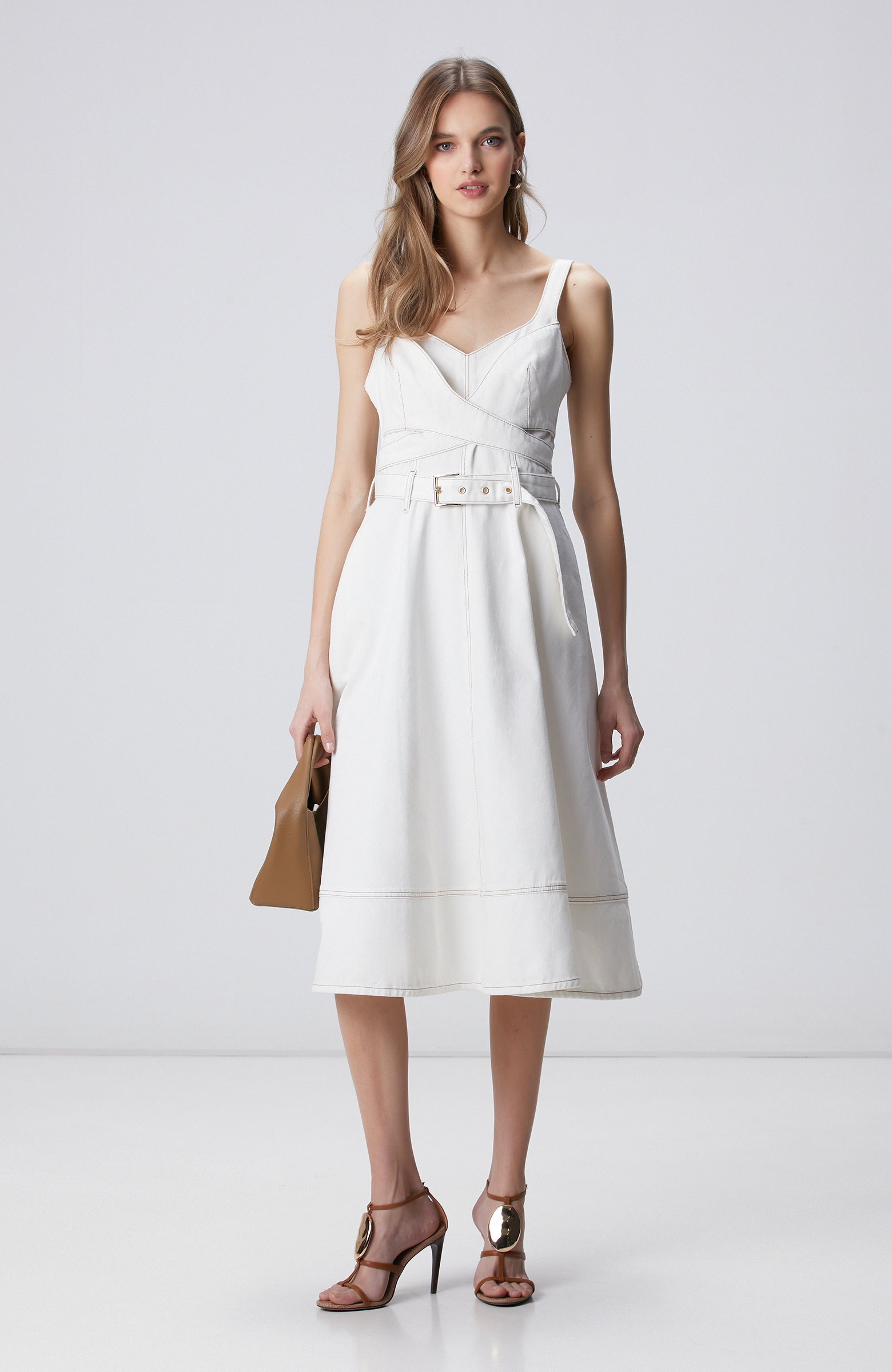 Kırık Beyaz Dikiş Detaylı Midi Denim Elbise