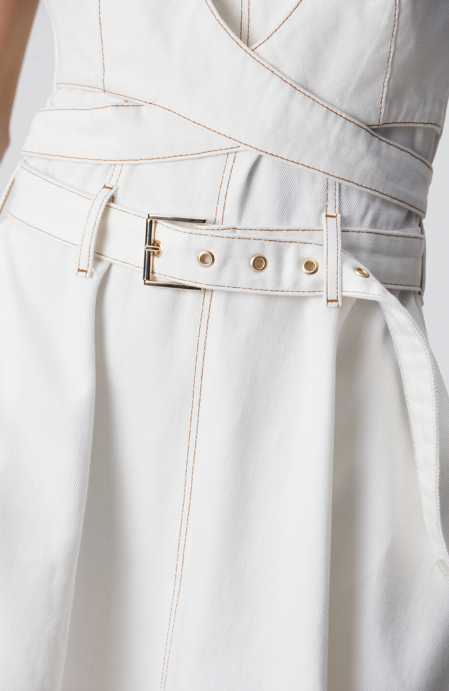 Kırık Beyaz Dikiş Detaylı Midi Denim Elbise