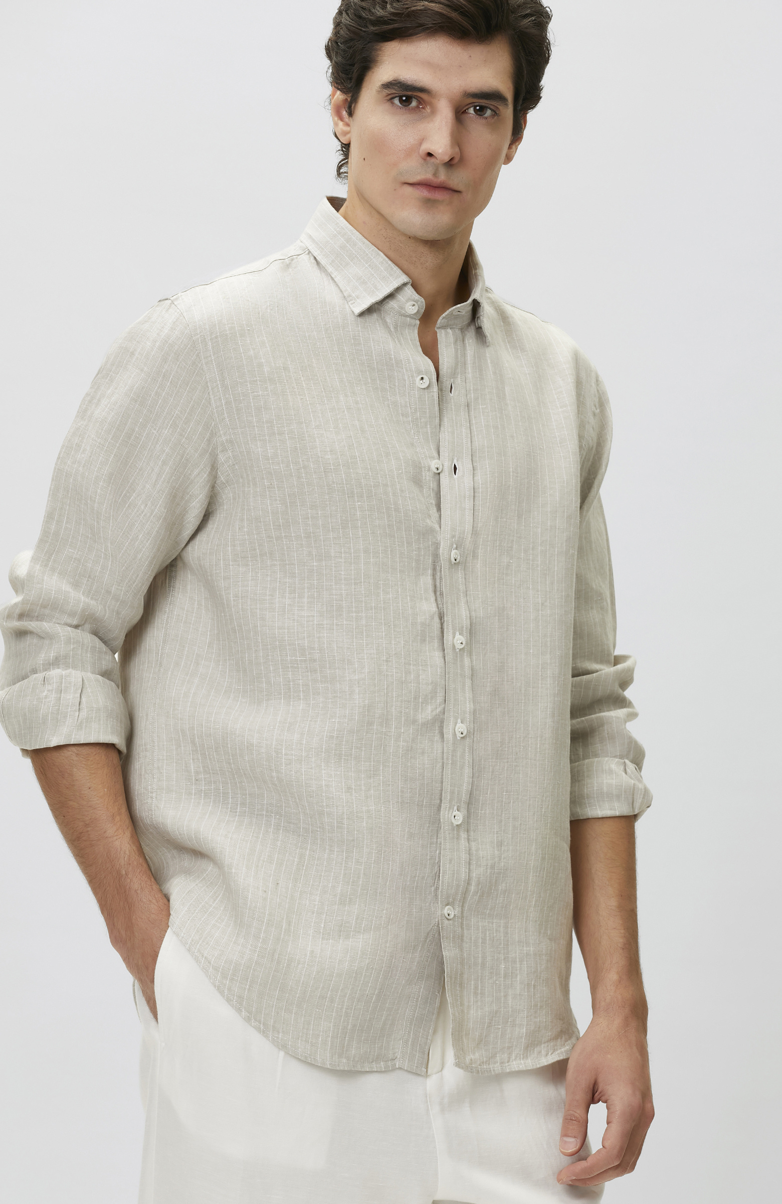 Light Beige Comfort Striped Linen Shirt