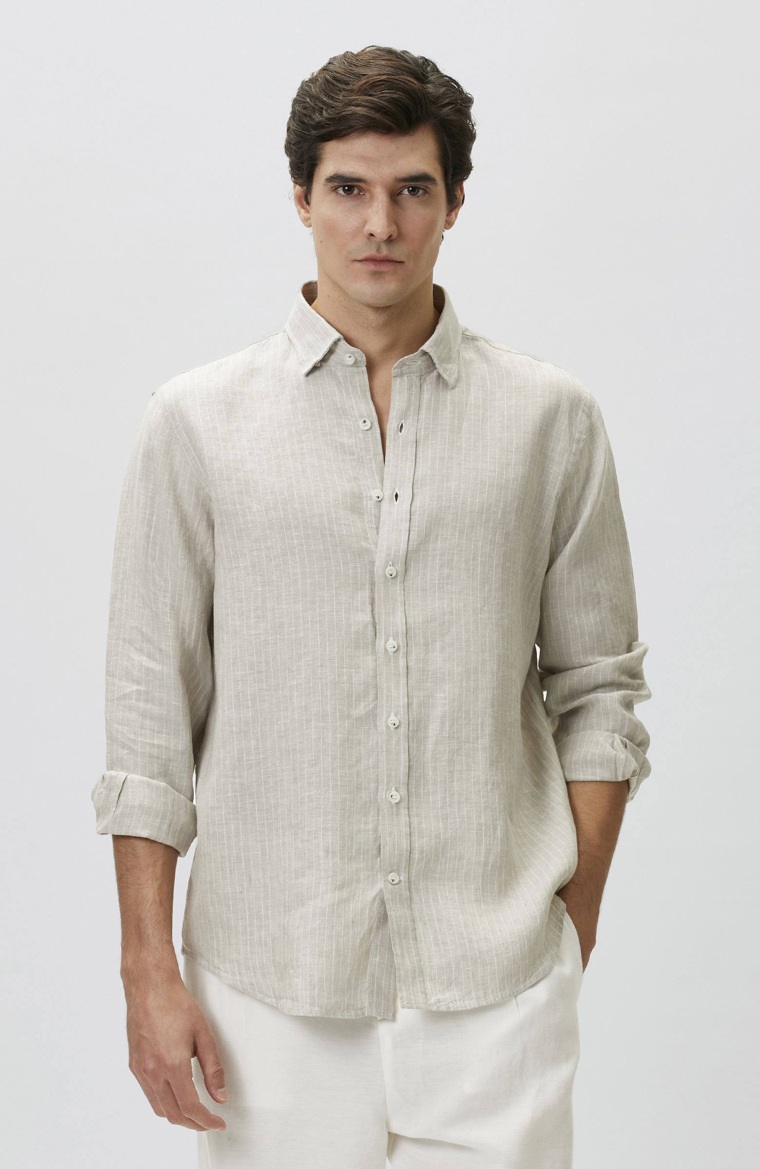 Light Beige Comfort Striped Linen Shirt
