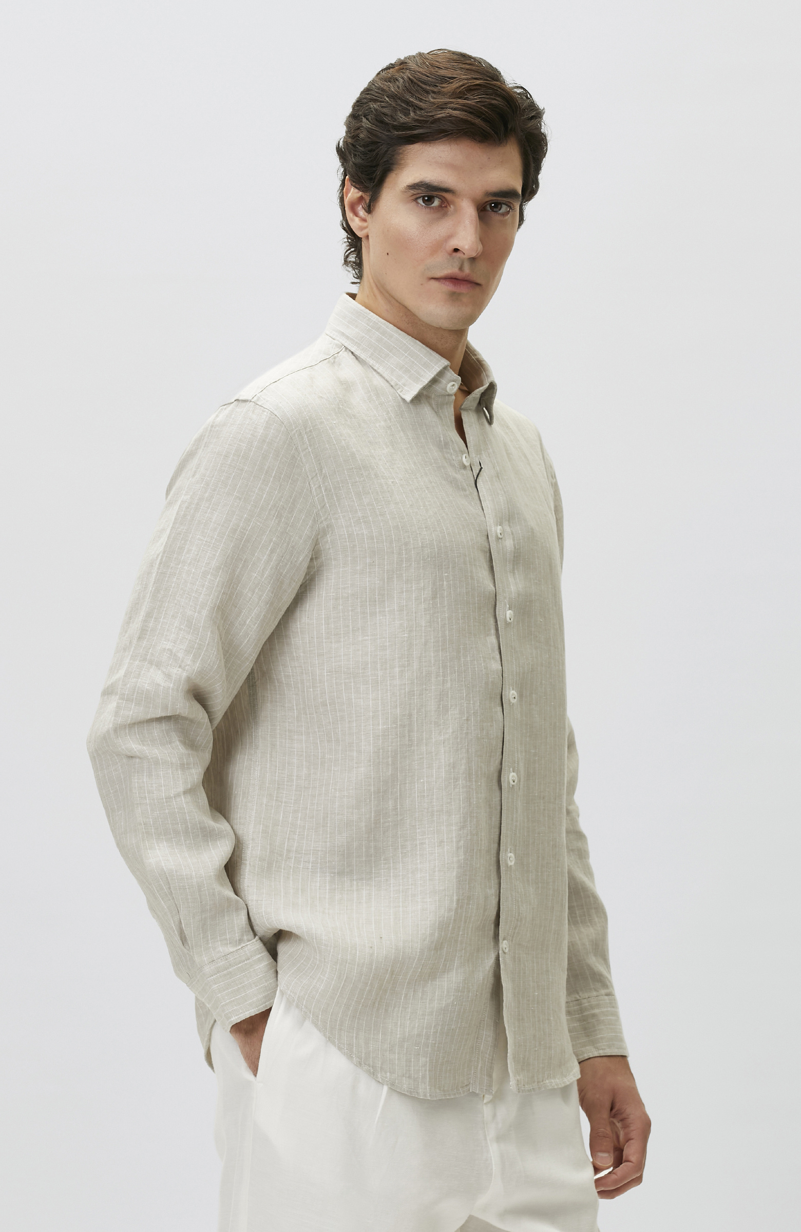 Light Beige Comfort Striped Linen Shirt