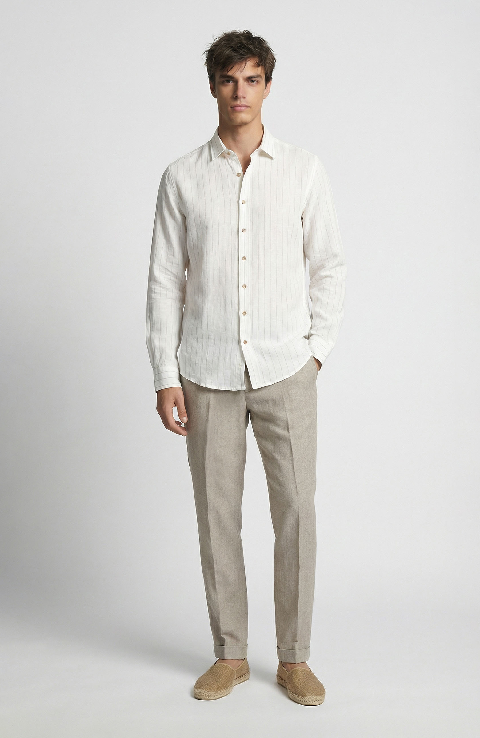 Kırık Beyaz Çizgi Desenli Keten Gömlek