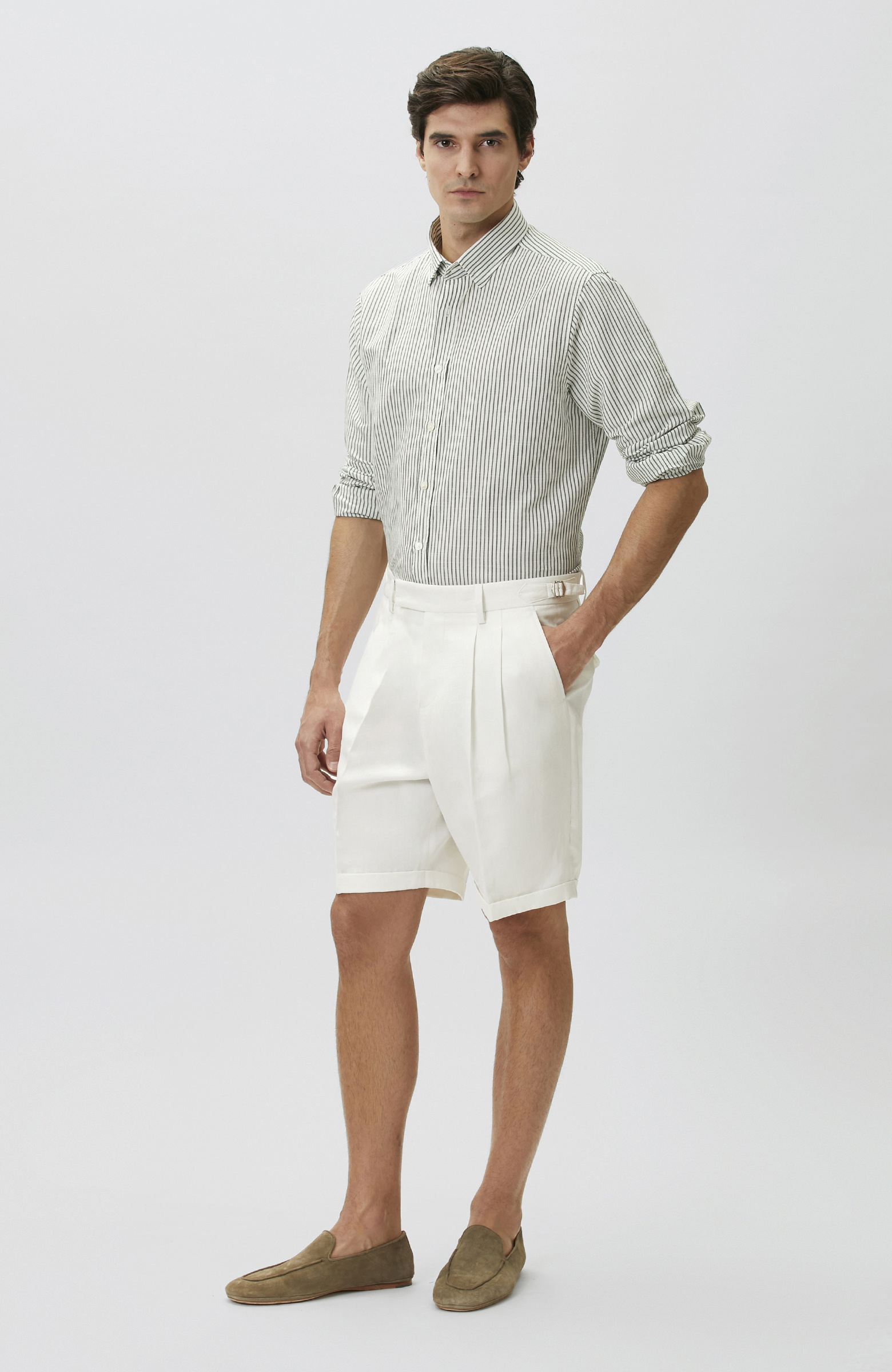 Yeşil Keten Karışımlı Gofreli Çizgili Gömlek