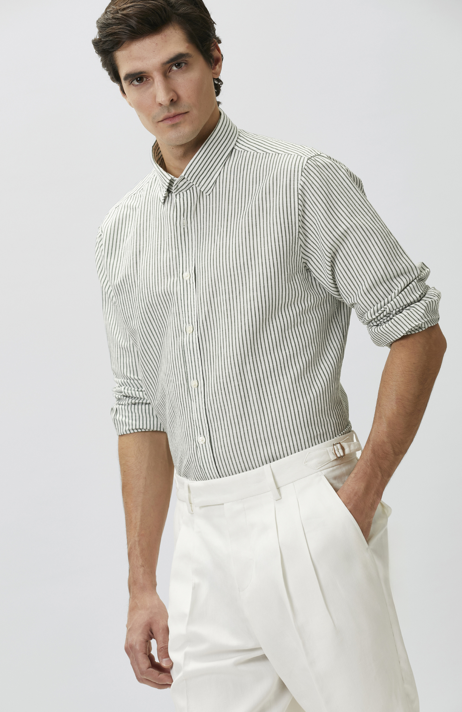 Yeşil Keten Karışımlı Gofreli Çizgili Gömlek