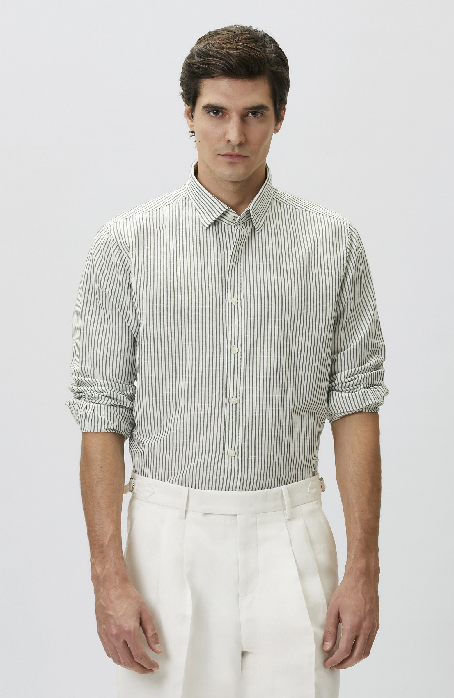 Yeşil Keten Karışımlı Gofreli Çizgili Gömlek