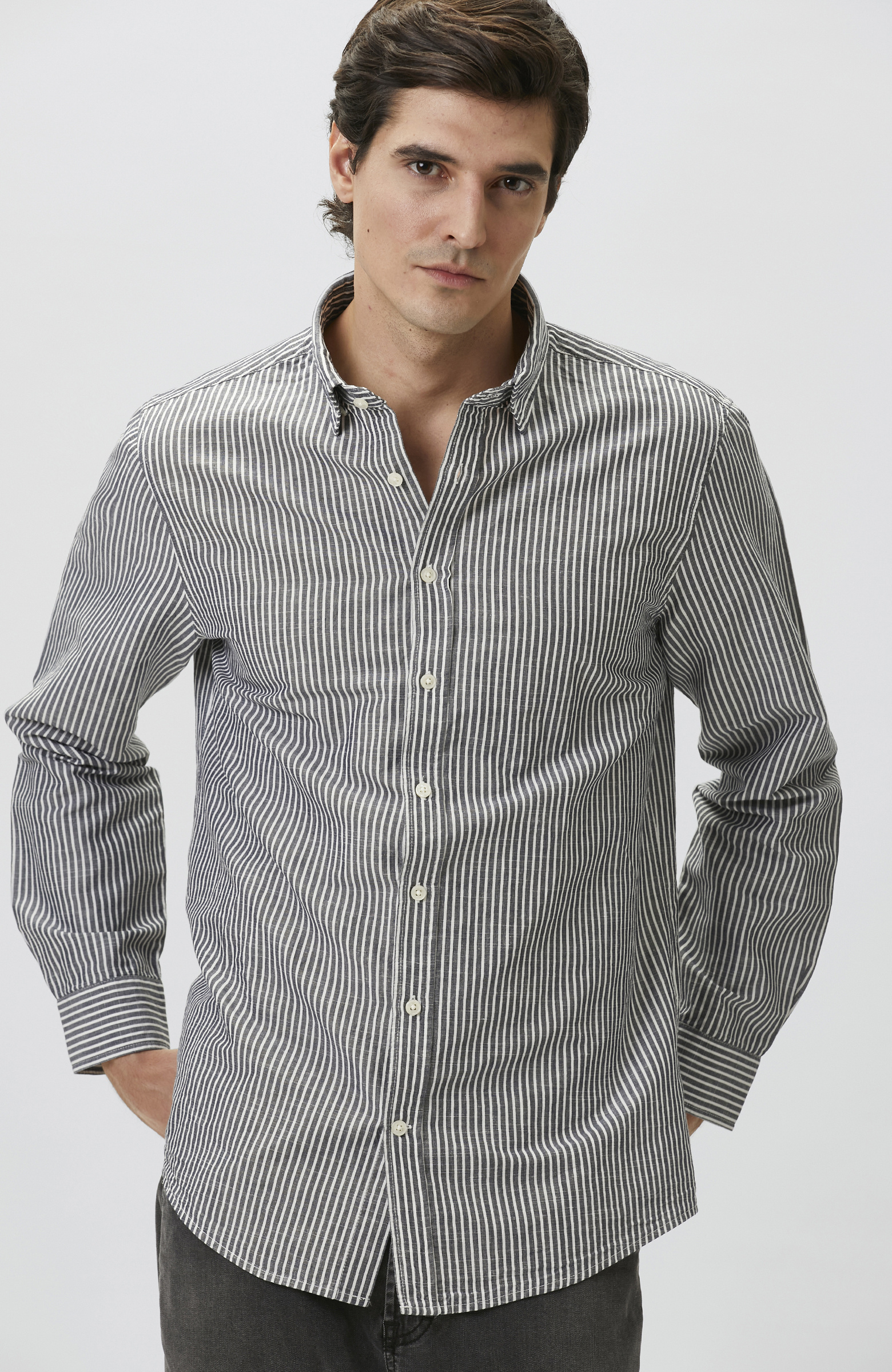 Lacivert Keten Karışımlı Gofreli Çizgili Gömlek